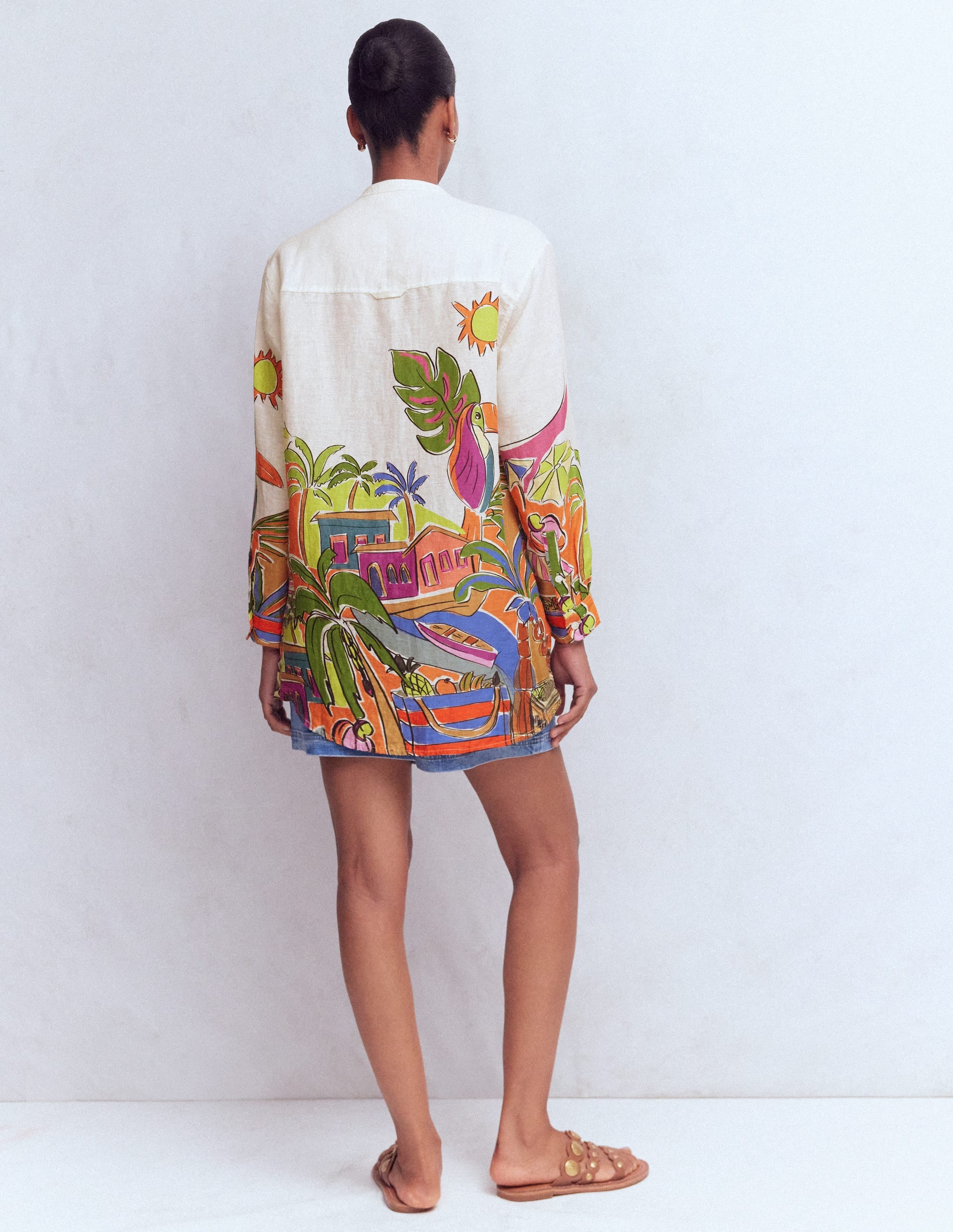Longline Linen Shirt-Multi, Tropical Village - Image 3