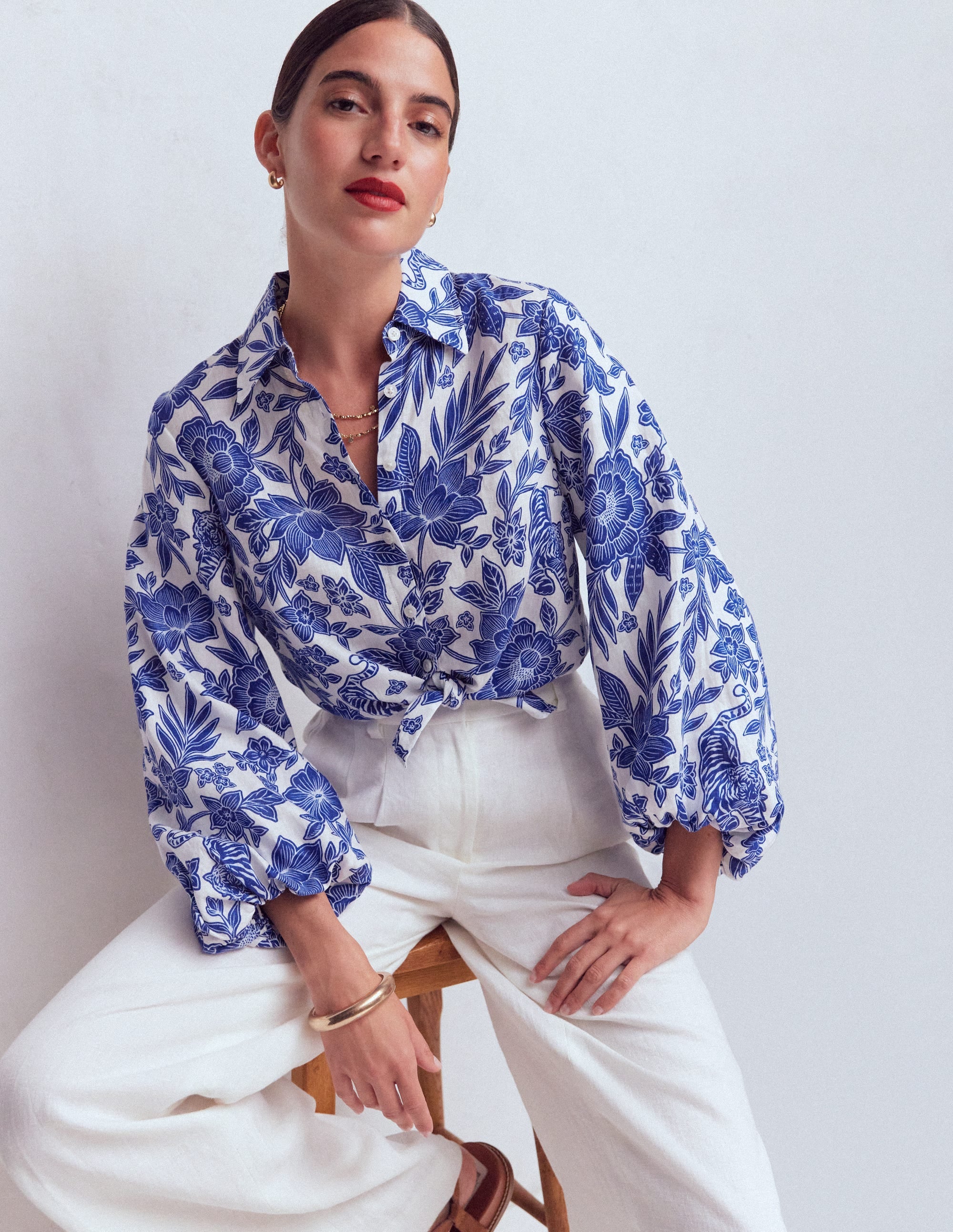 Puff Sleeve Linen Shirt-Sapphire Blue, Tigers Paradise - Image 1
