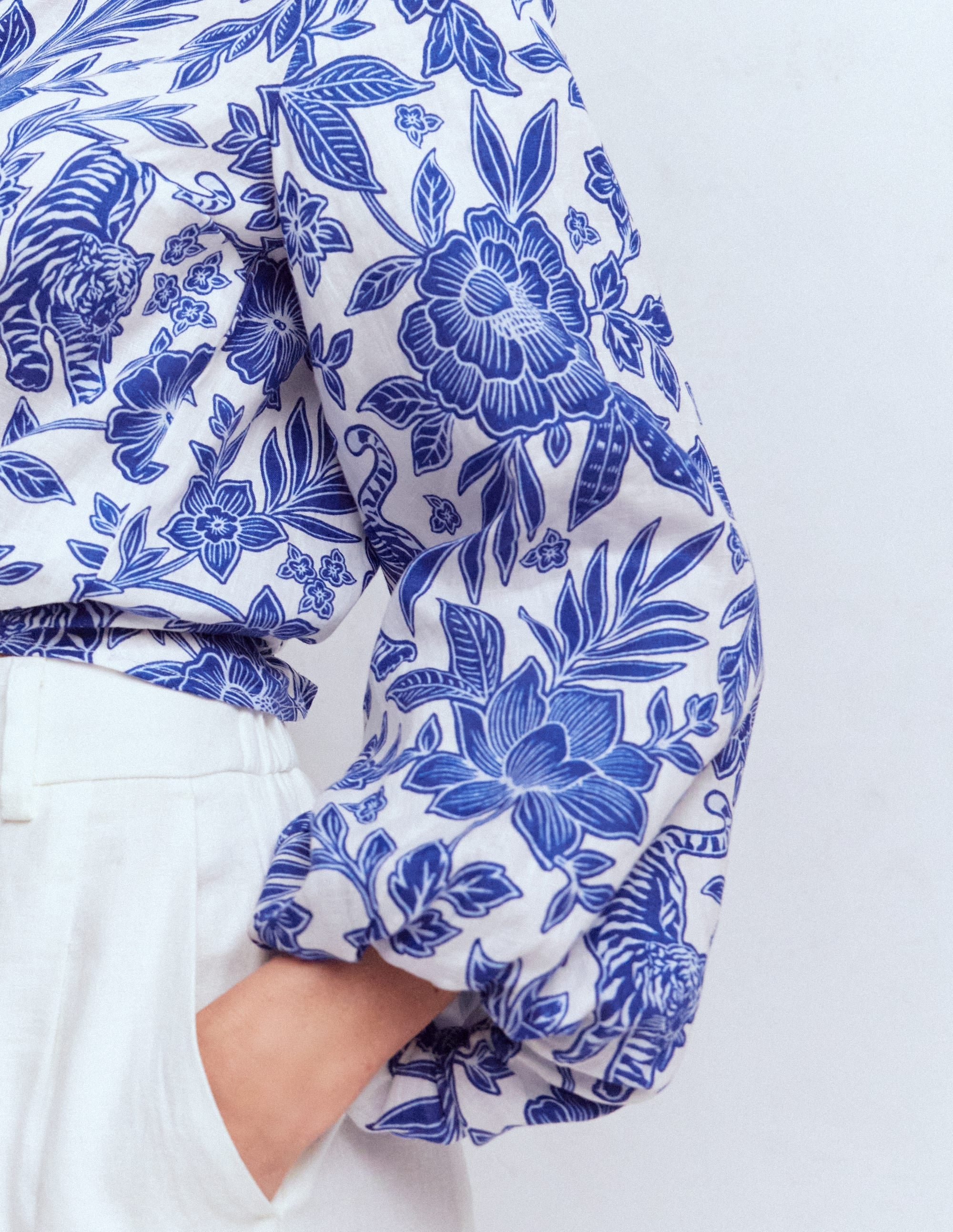 Puff Sleeve Linen Shirt-Sapphire Blue, Tigers Paradise - Image 2