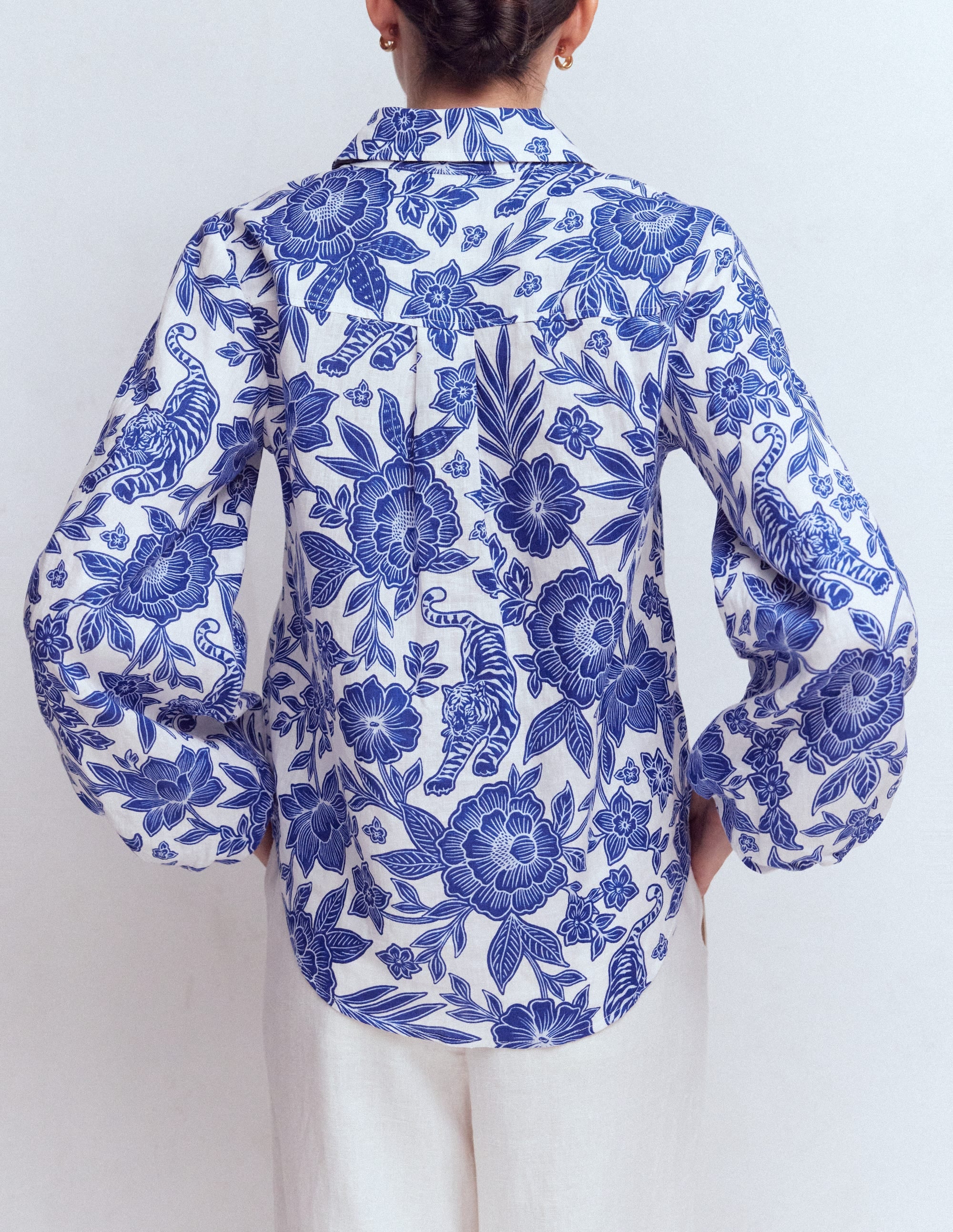 Puff Sleeve Linen Shirt-Sapphire Blue, Tigers Paradise - Image 3