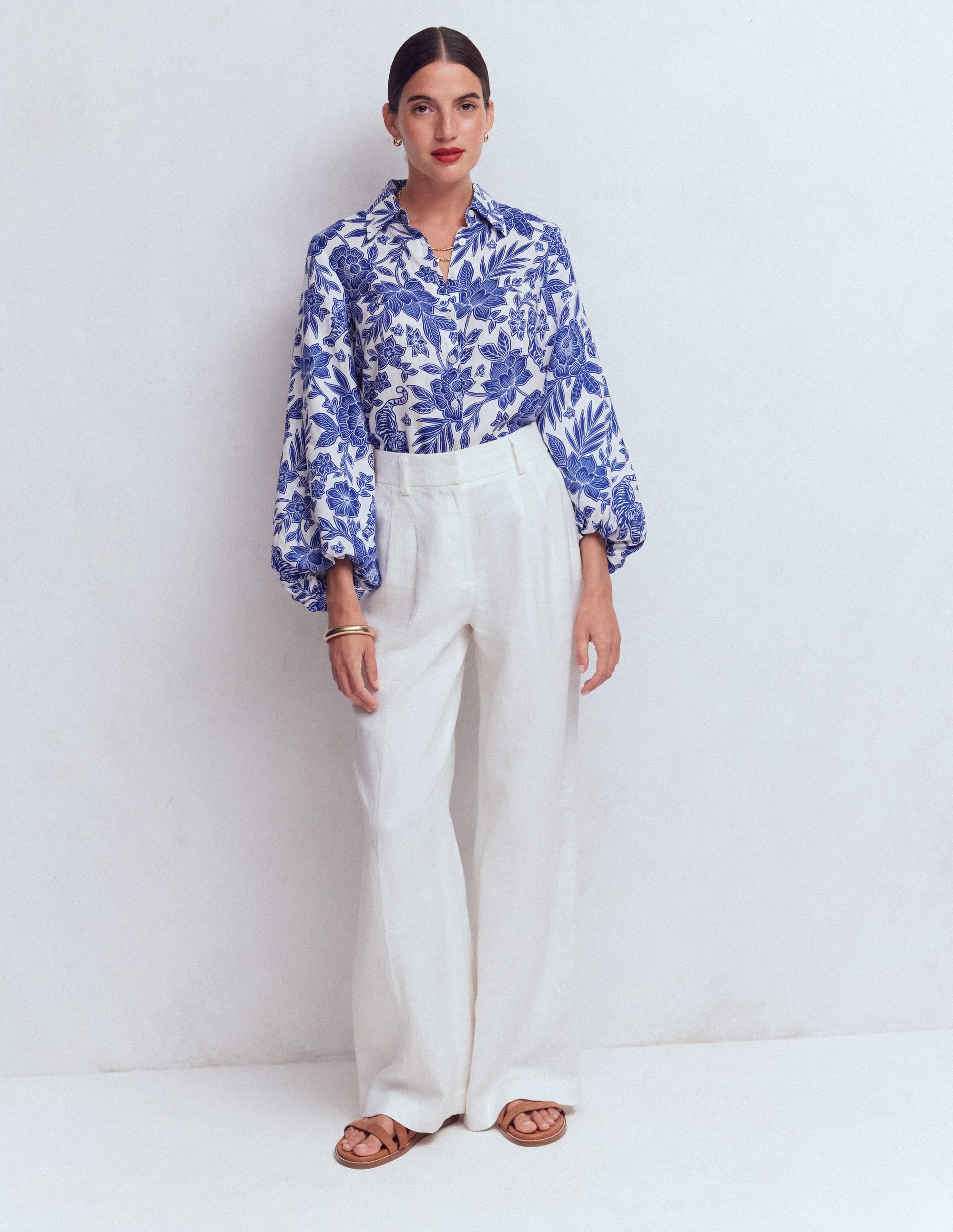 Puff Sleeve Linen Shirt-Sapphire Blue, Tigers Paradise - Image 4