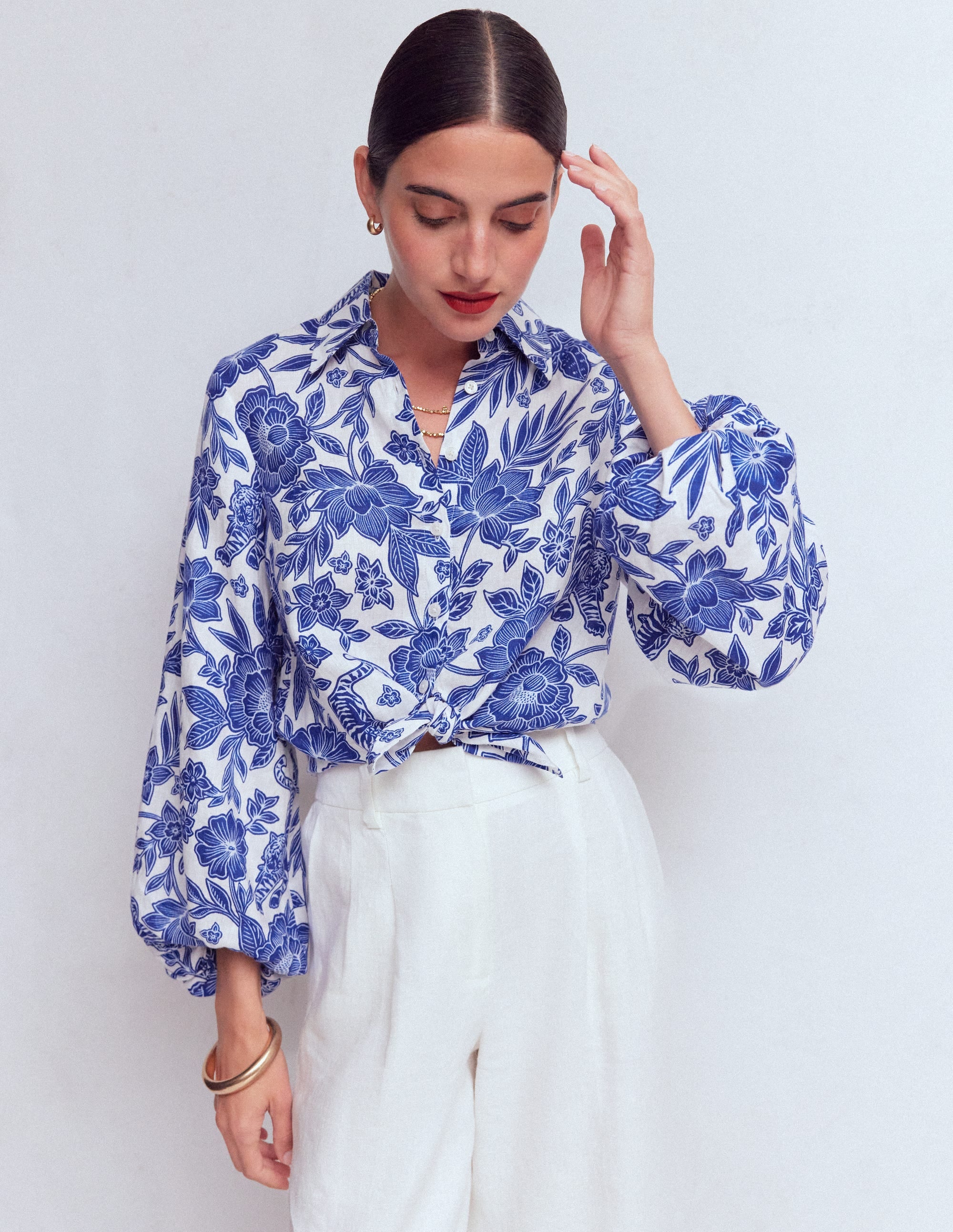 Puff Sleeve Linen Shirt-Sapphire Blue, Tigers Paradise - Image 5