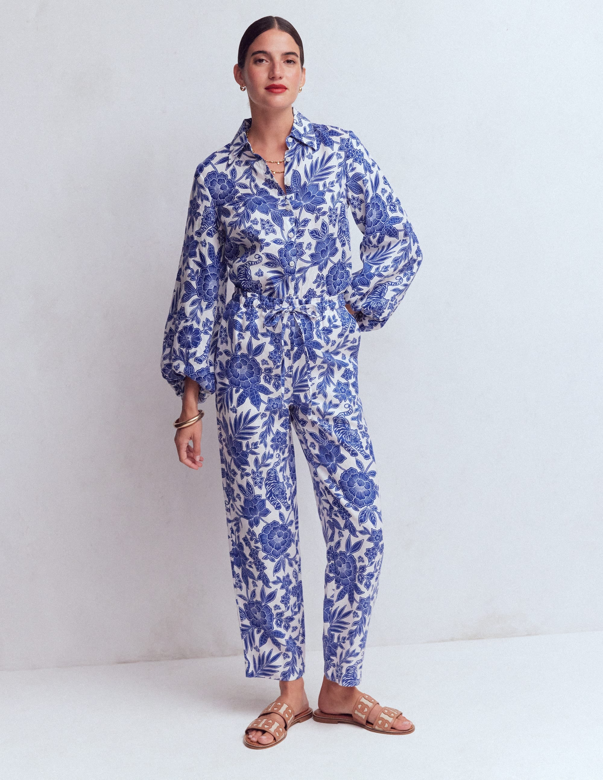 Puff Sleeve Linen Shirt-Sapphire Blue, Tigers Paradise - Image 6