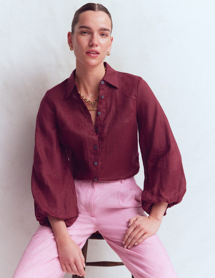 Puff Sleeve Linen Shirt-Deep Wisteria