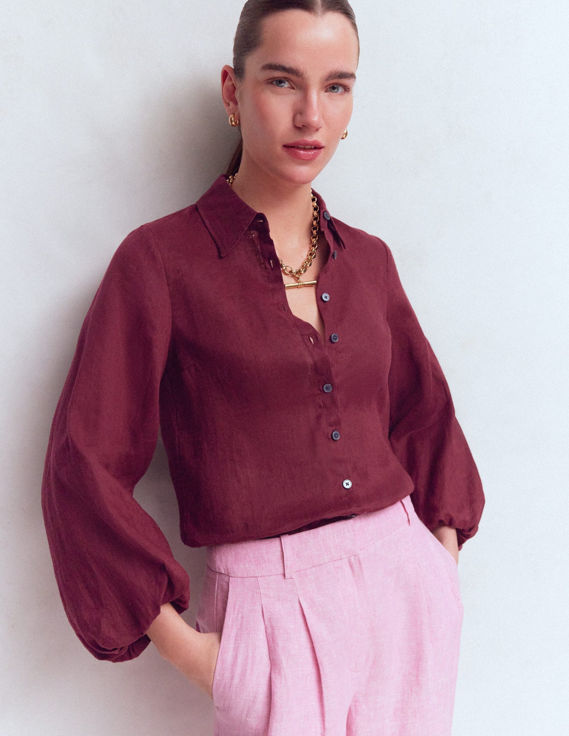 Puff Sleeve Linen Shirt-Deep Wisteria-4