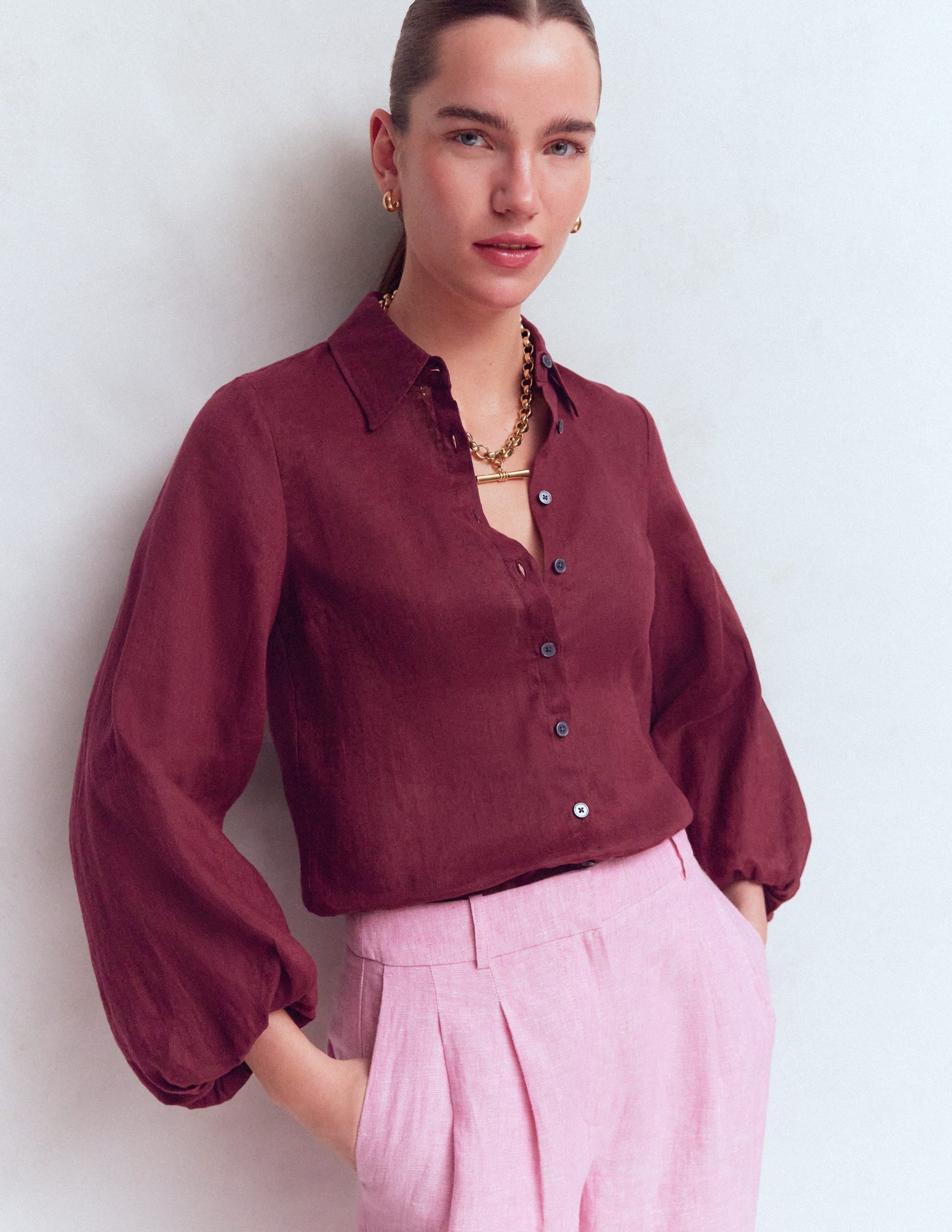 Puff Sleeve Linen Shirt-Deep Wisteria - Image 4