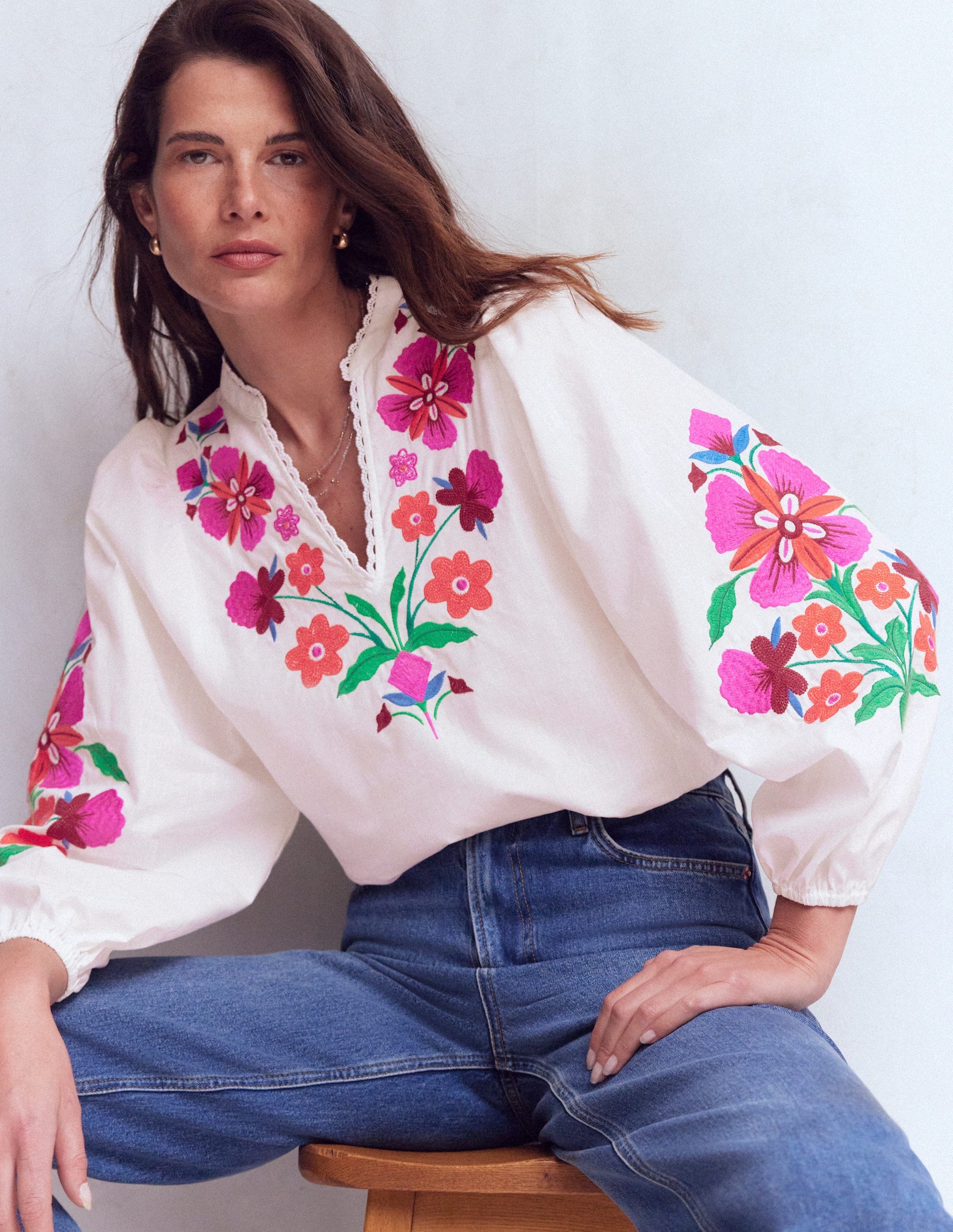 Embroidered Notch Neck Top-Floral Placement Embroidery-2