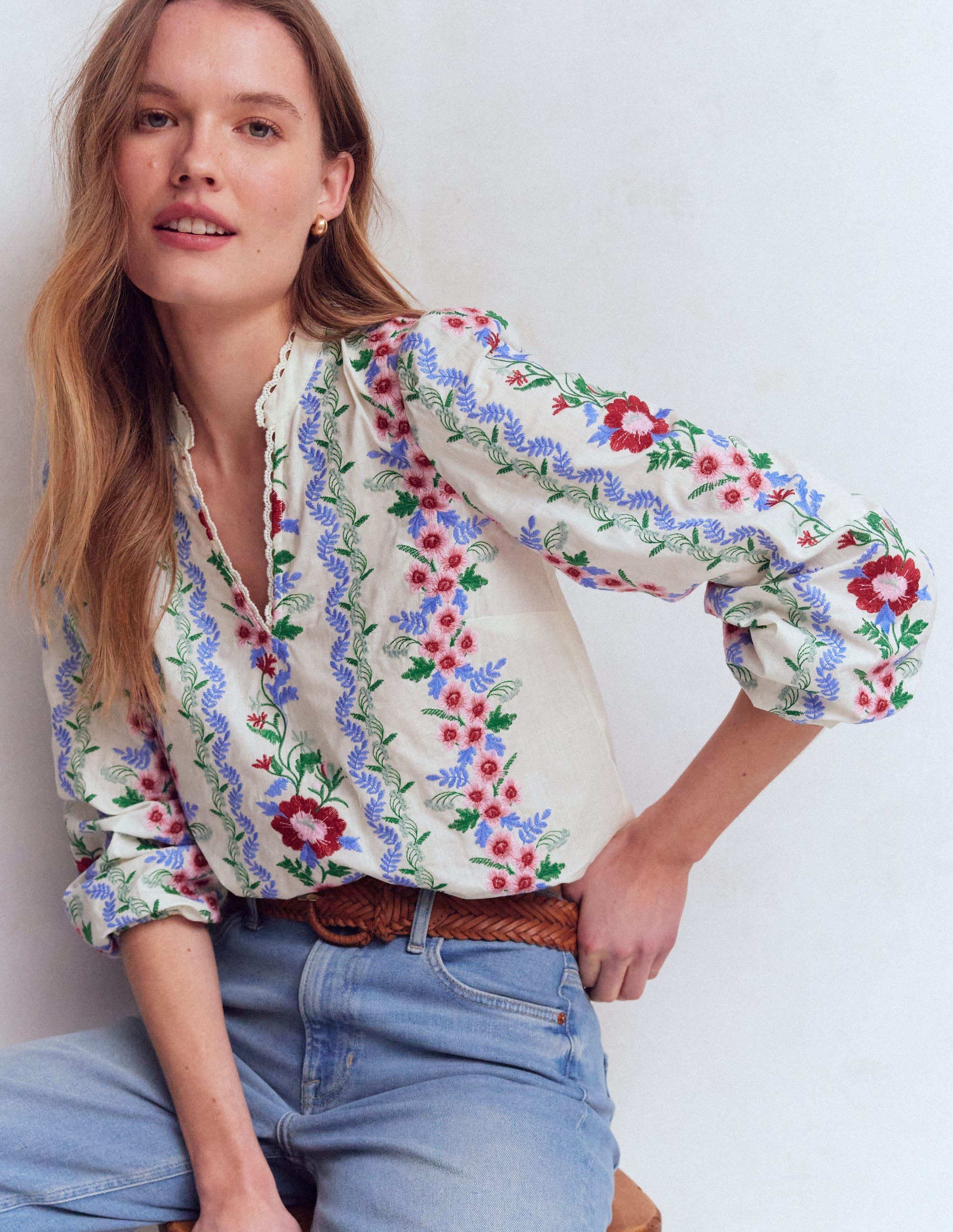 Embroidered Notch Neck Top - Floral Embroidery | Boden Global