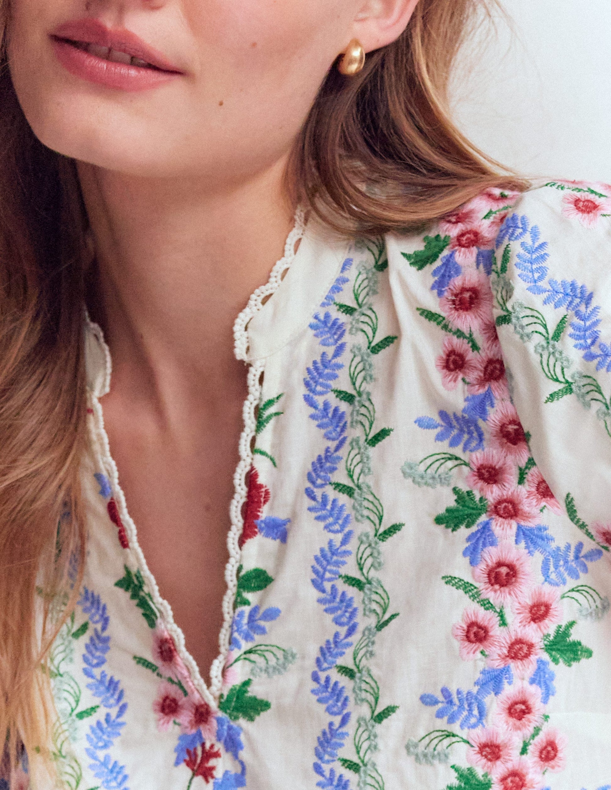 Embroidered Notch Neck Top-Floral Embroidery-2