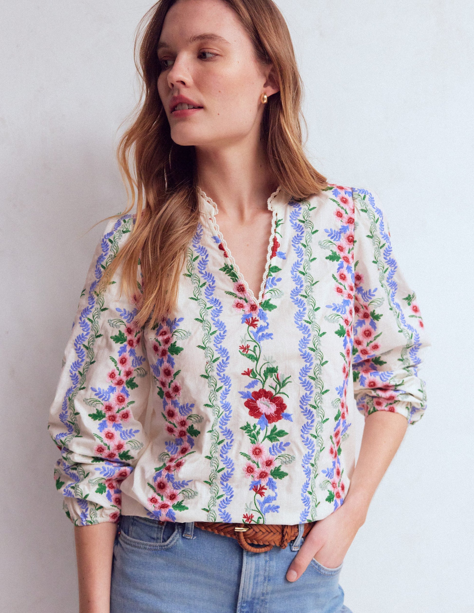Embroidered Notch Neck Top-Floral Embroidery-6