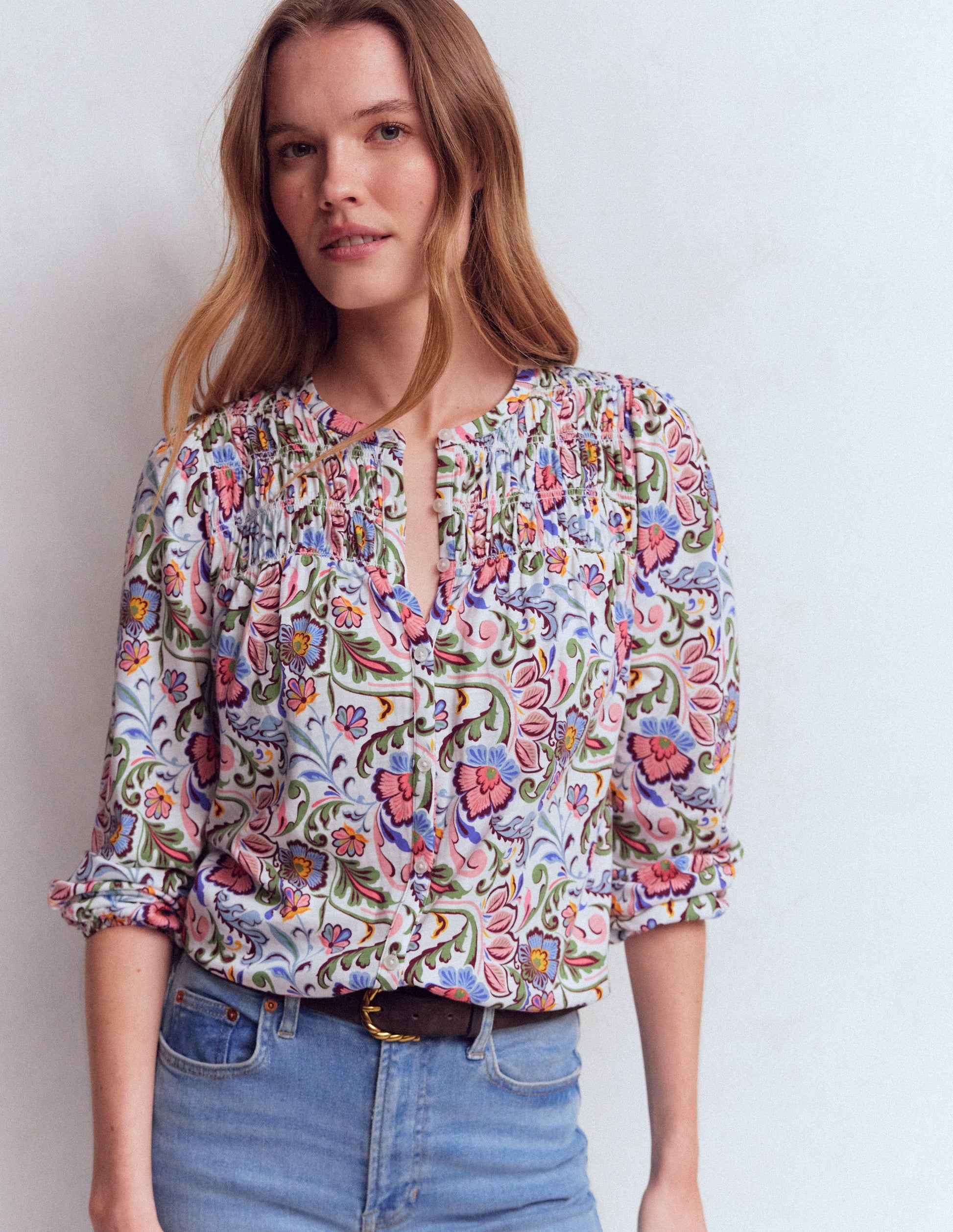 Mya Smocked Jersey Shirt-Multi, Flourishing Meadow-1