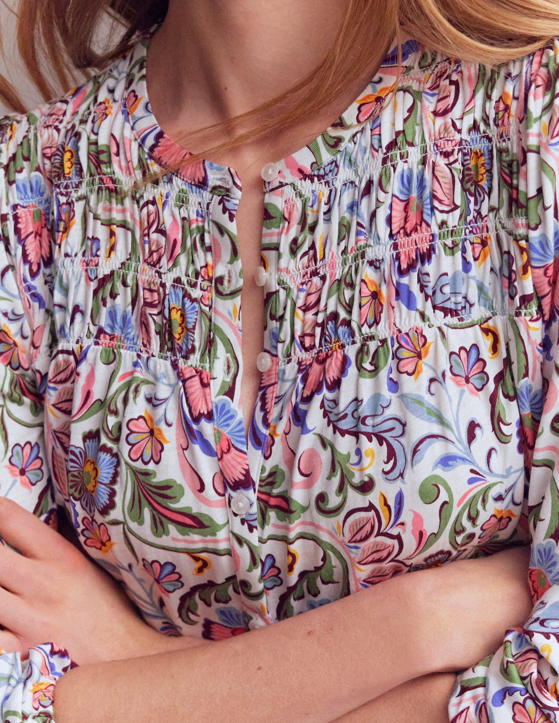 Mya Smocked Jersey Shirt-Multi, Flourishing Meadow-2