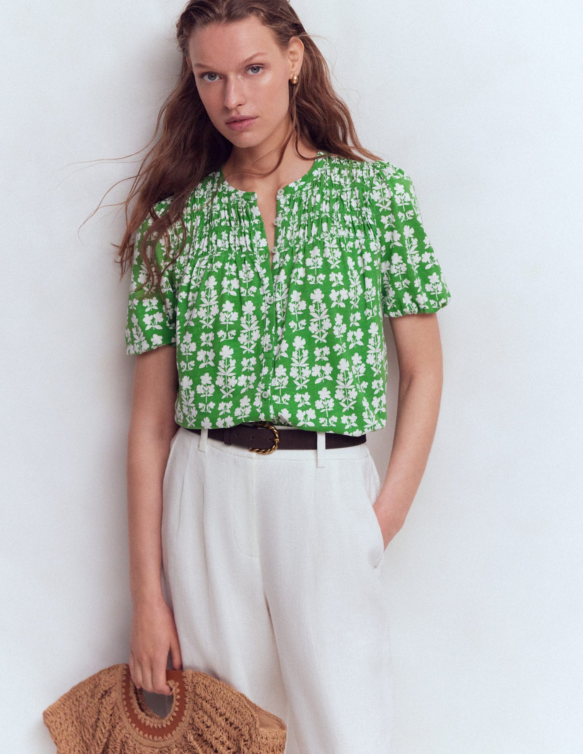 Mya Short Sleeve Smocked Shirt-Mint Green, Blossom grove-1