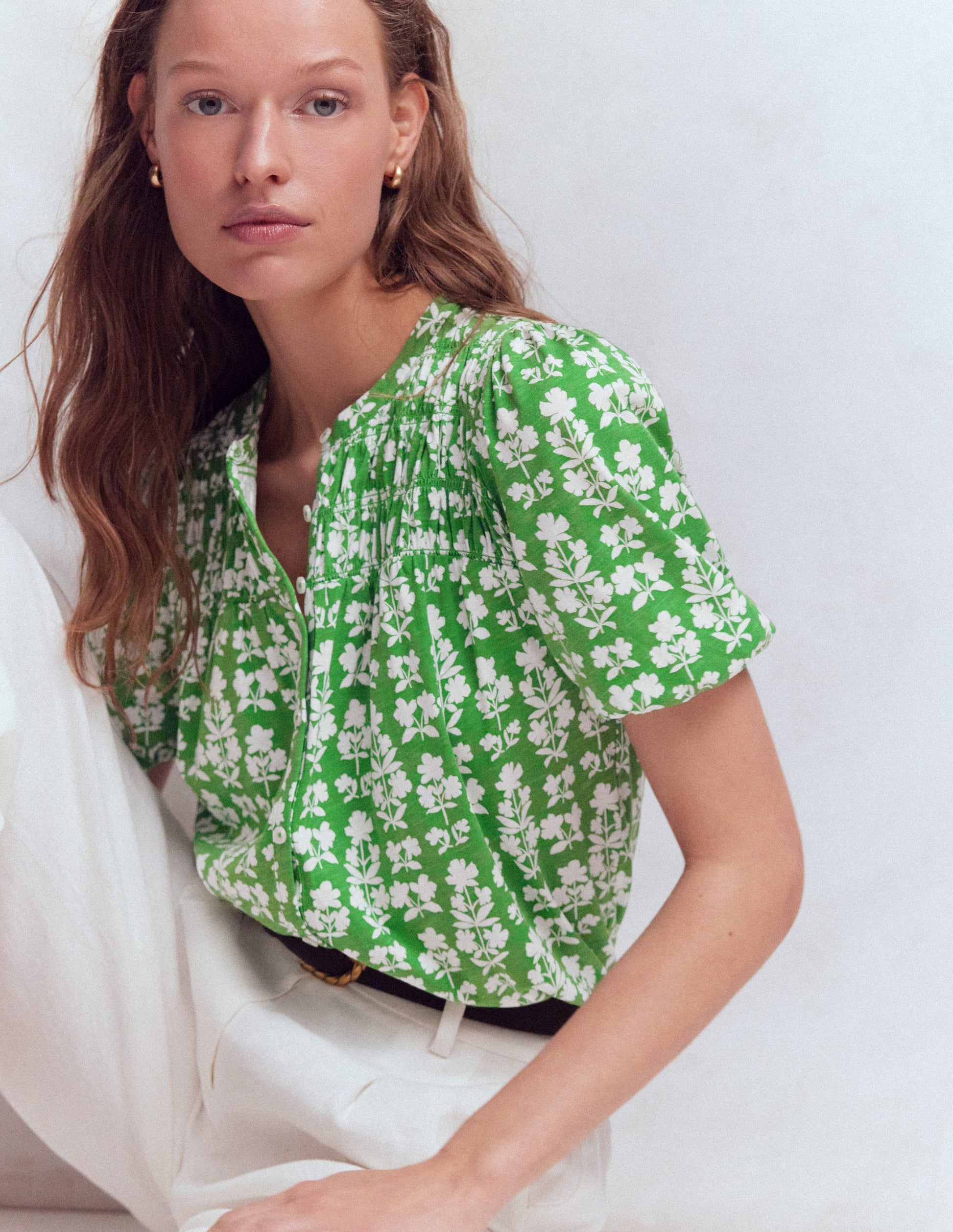 Mya Short Sleeve Smocked Shirt-Mint Green, Blossom grove-5