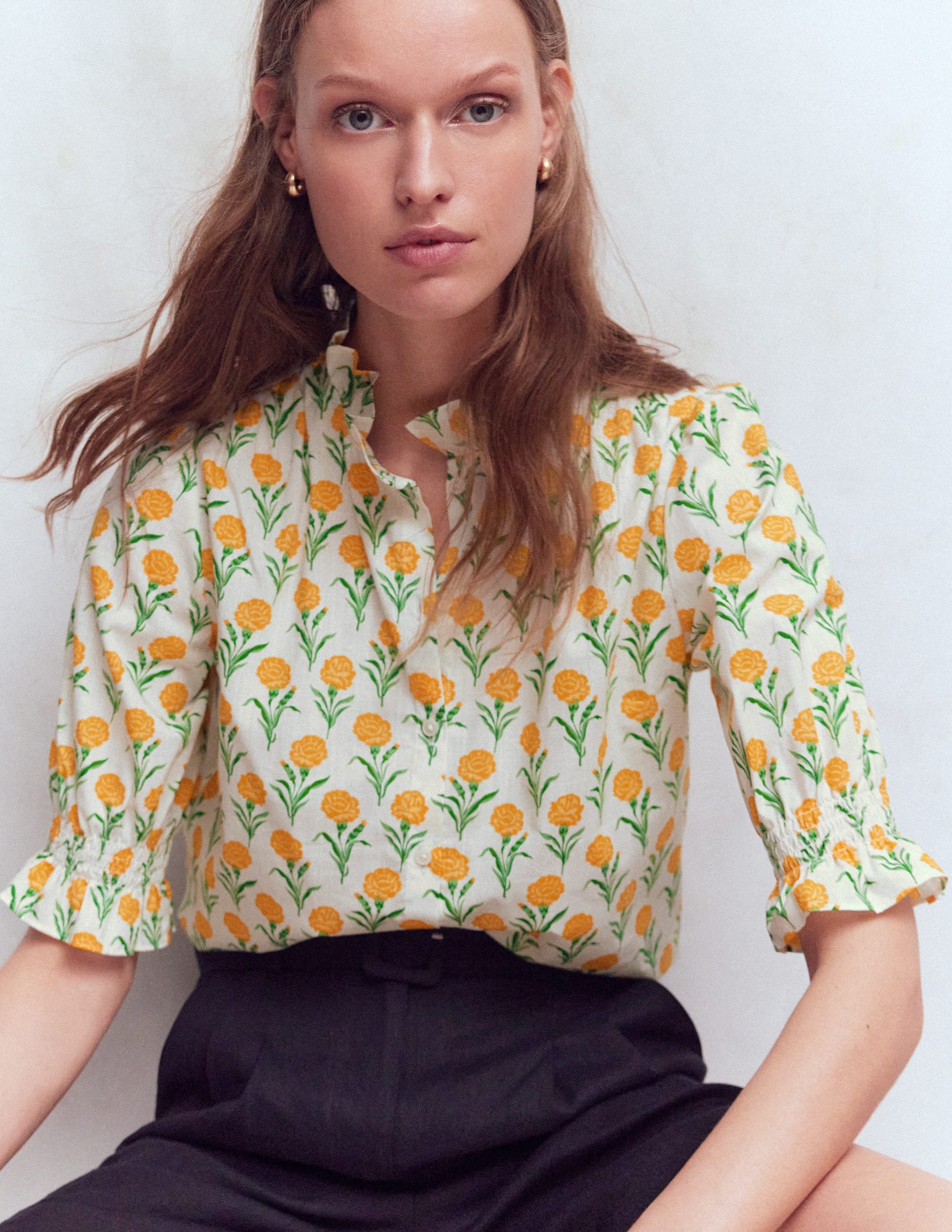 Heather Smocked Sleeve Top-Marigold, Carnation Stems - Image 1
