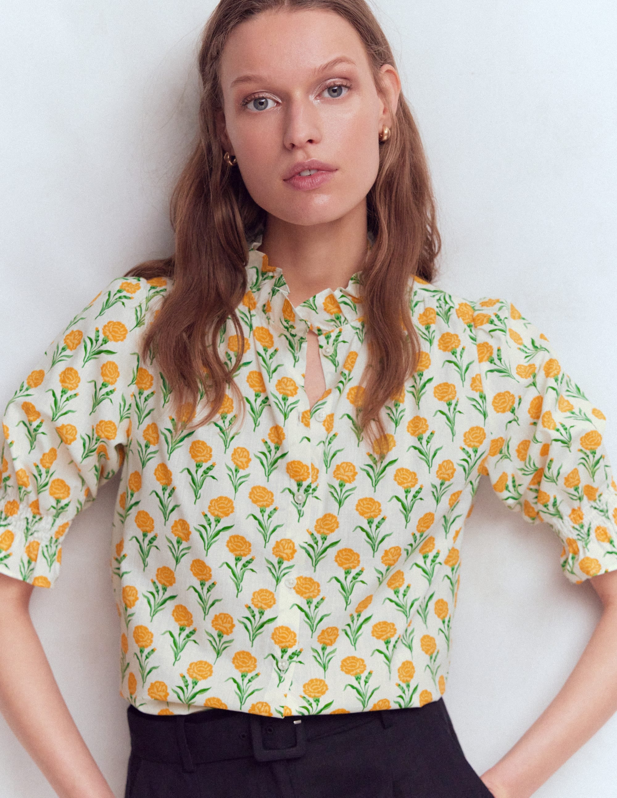 Heather Smocked Sleeve Top-Marigold, Carnation Stems - Image 4