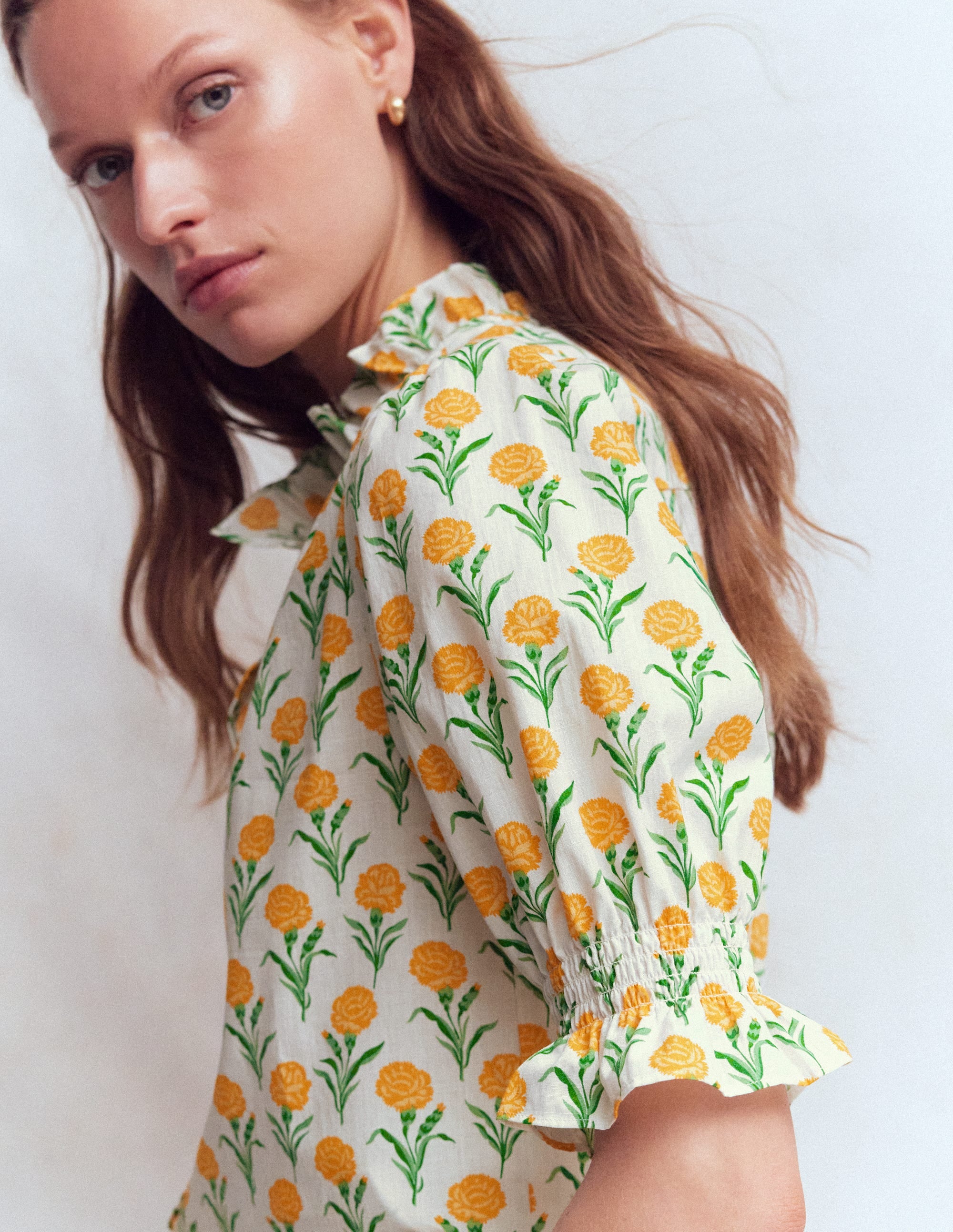 Heather Smocked Sleeve Top-Marigold, Carnation Stems - Image 5