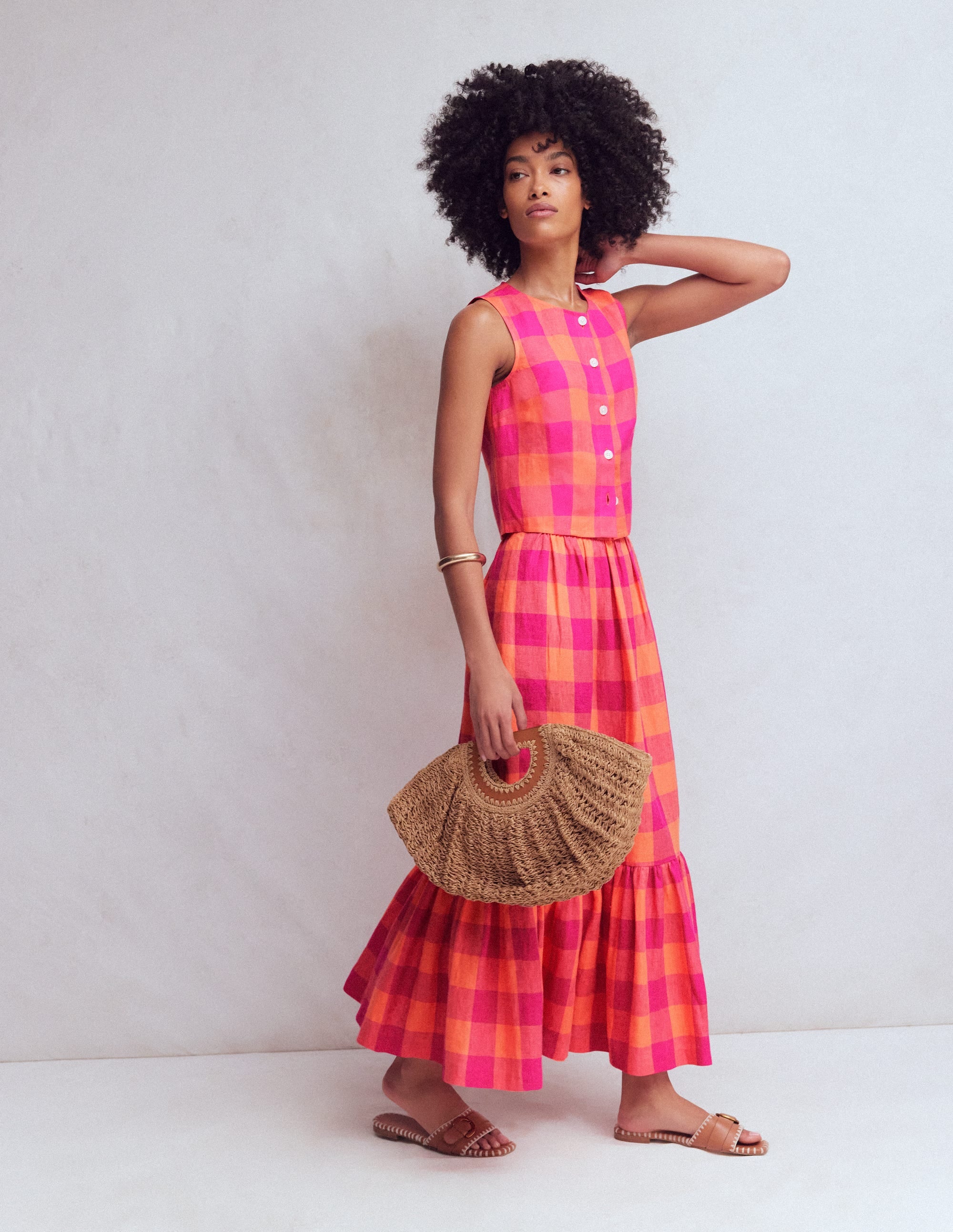 Andrea Linen Shell Top-Zesty Orange, Pink Gingham - Image 1