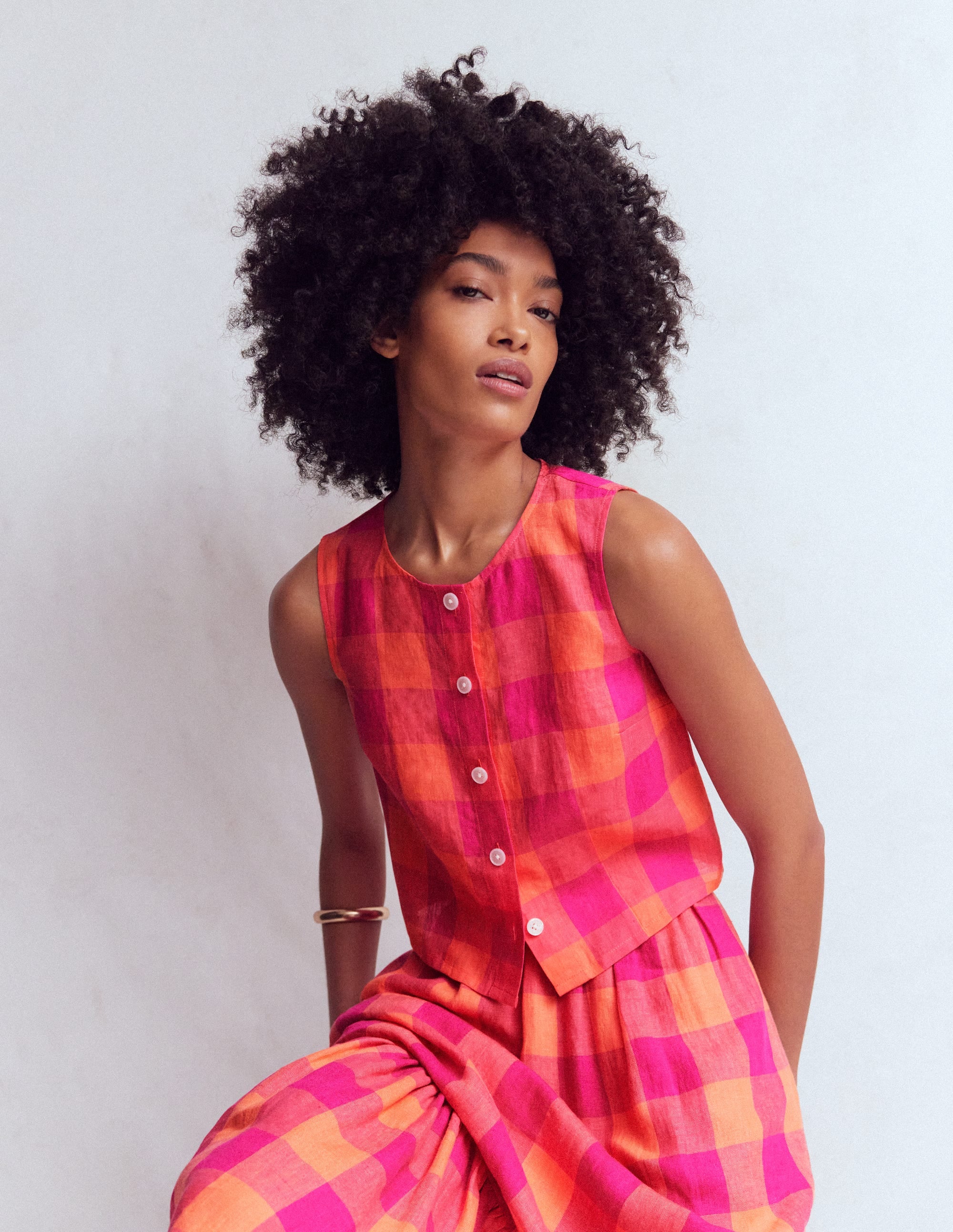 Andrea Linen Shell Top-Zesty Orange, Pink Gingham - Image 2