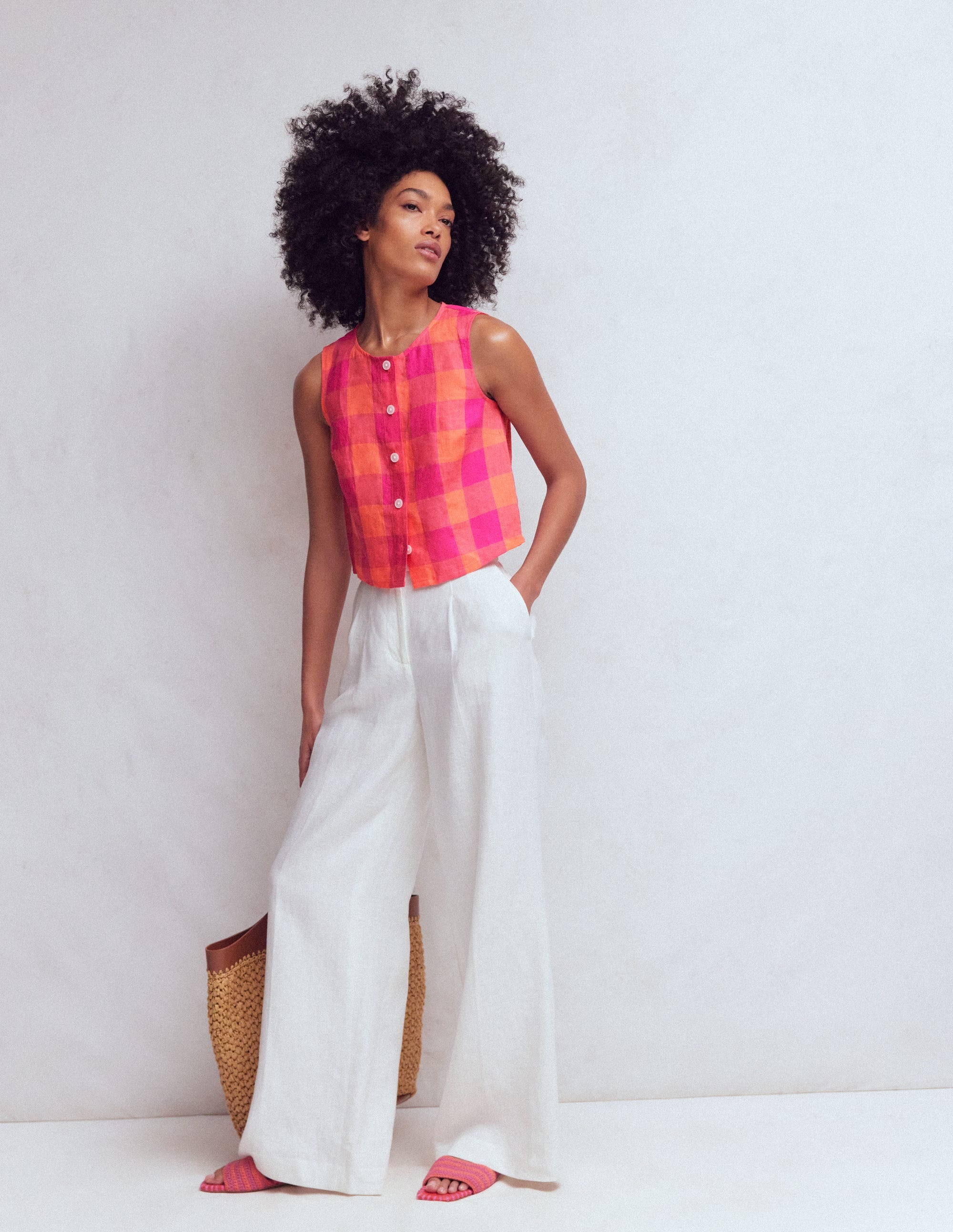 Andrea Linen Shell Top-Zesty Orange, Pink Gingham - Image 5
