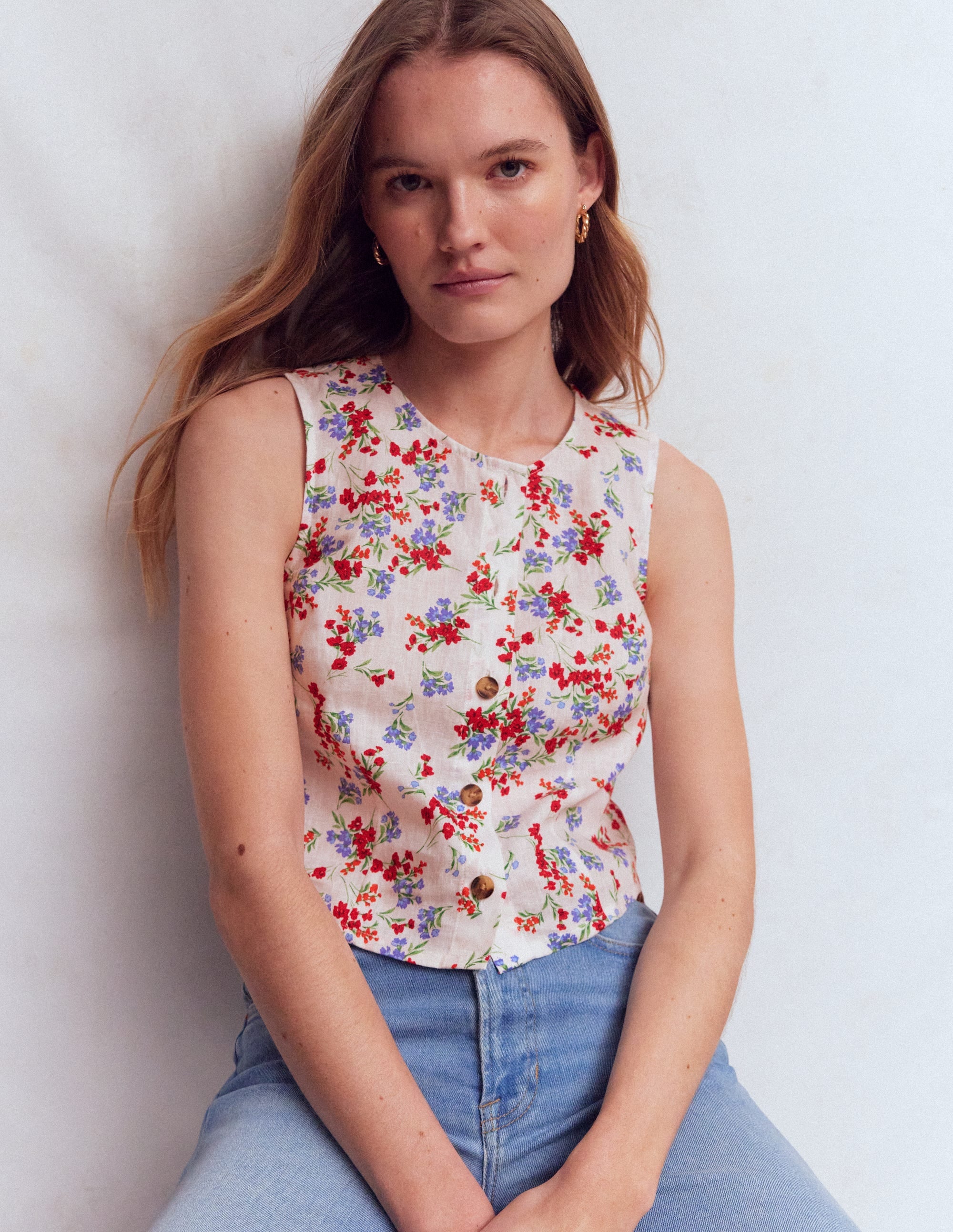 Andrea Linen Shell Top-Ivory, Bloom Scatter - Image 1