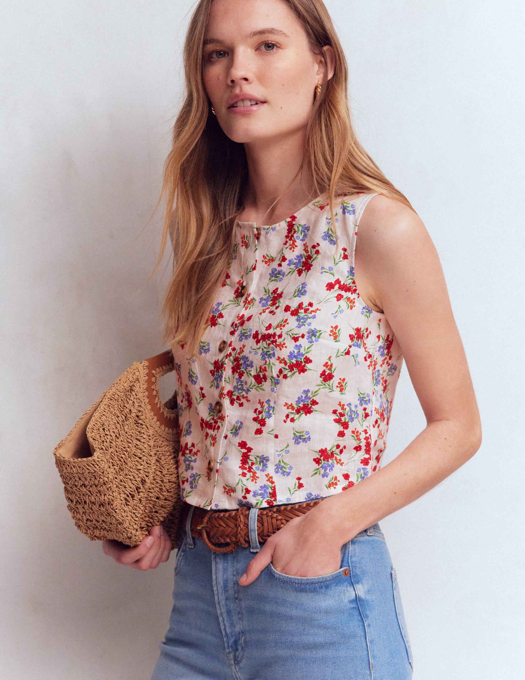 Andrea Linen Shell Top-Ivory, Bloom Scatter - Image 4