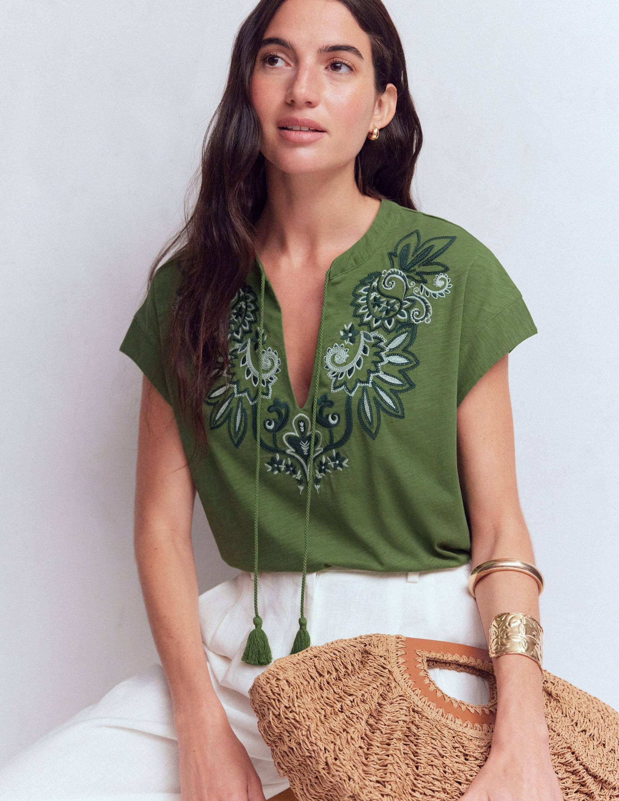 Nina Embroidered Notch T-shirt-Safari Green - Image 1