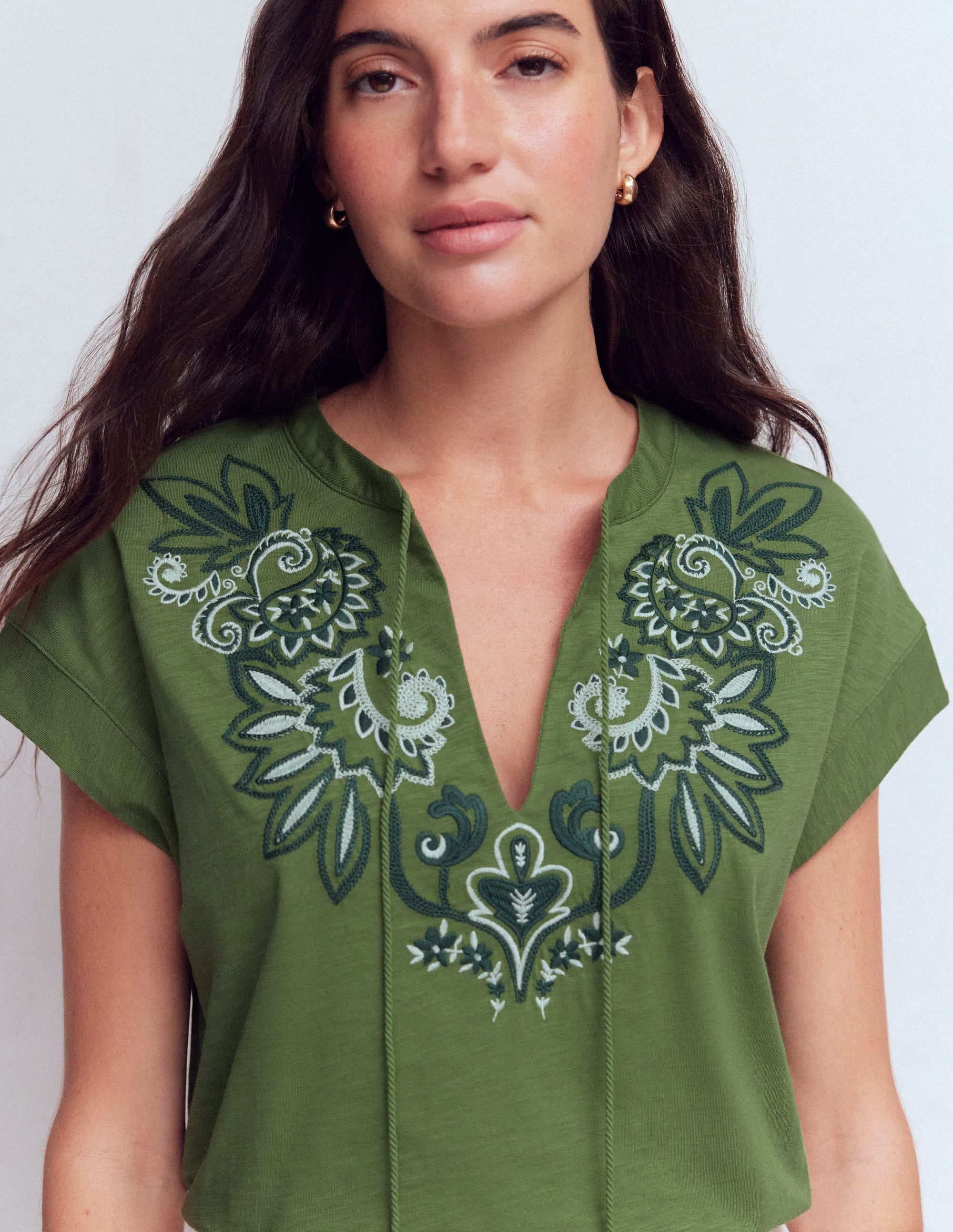 Nina Embroidered Notch T-shirt-Safari Green - Image 2