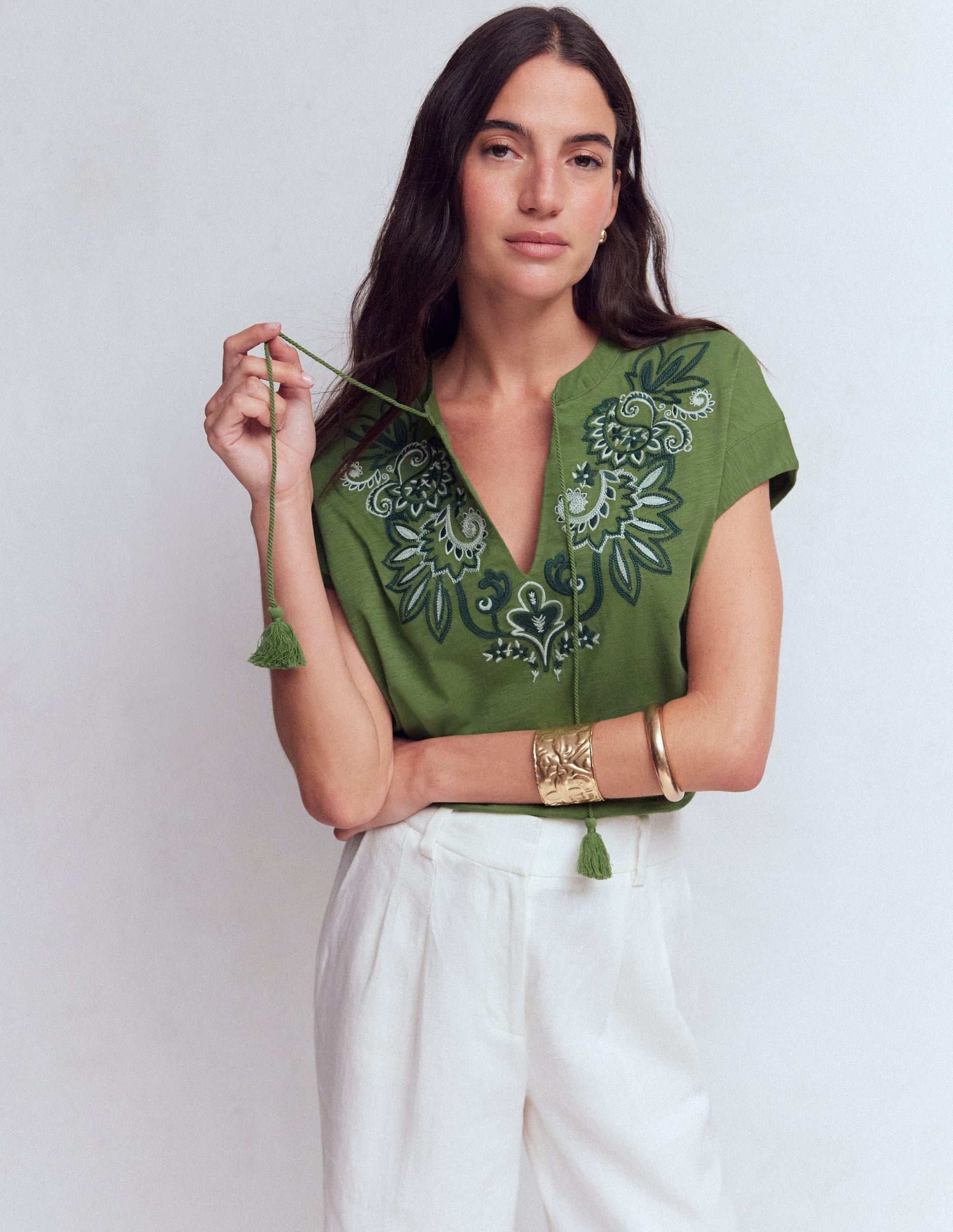 Nina Embroidered Notch T-shirt-Safari Green - Image 5