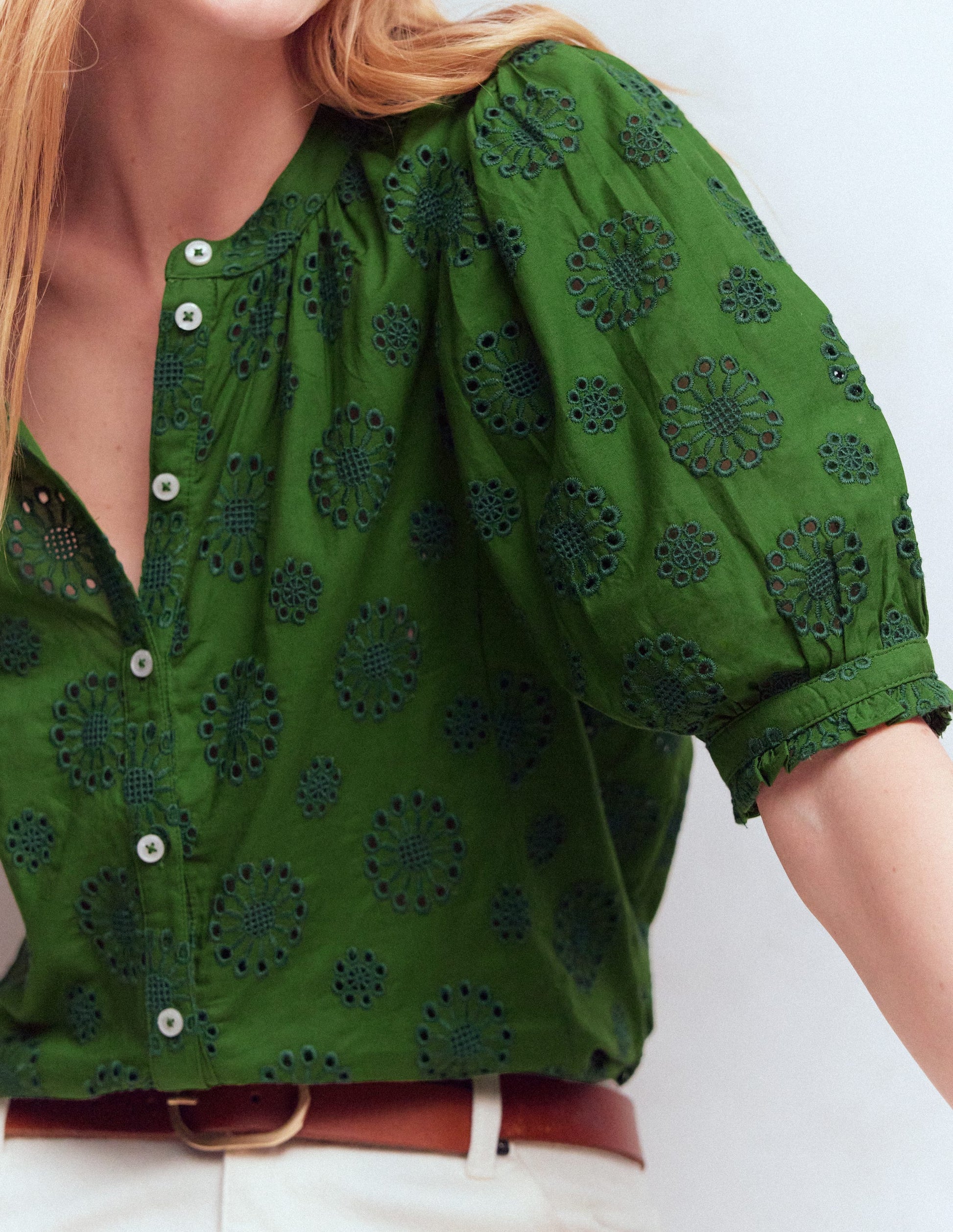 Camille Embroidered Cotton Top-Promenade Green Broderie-2
