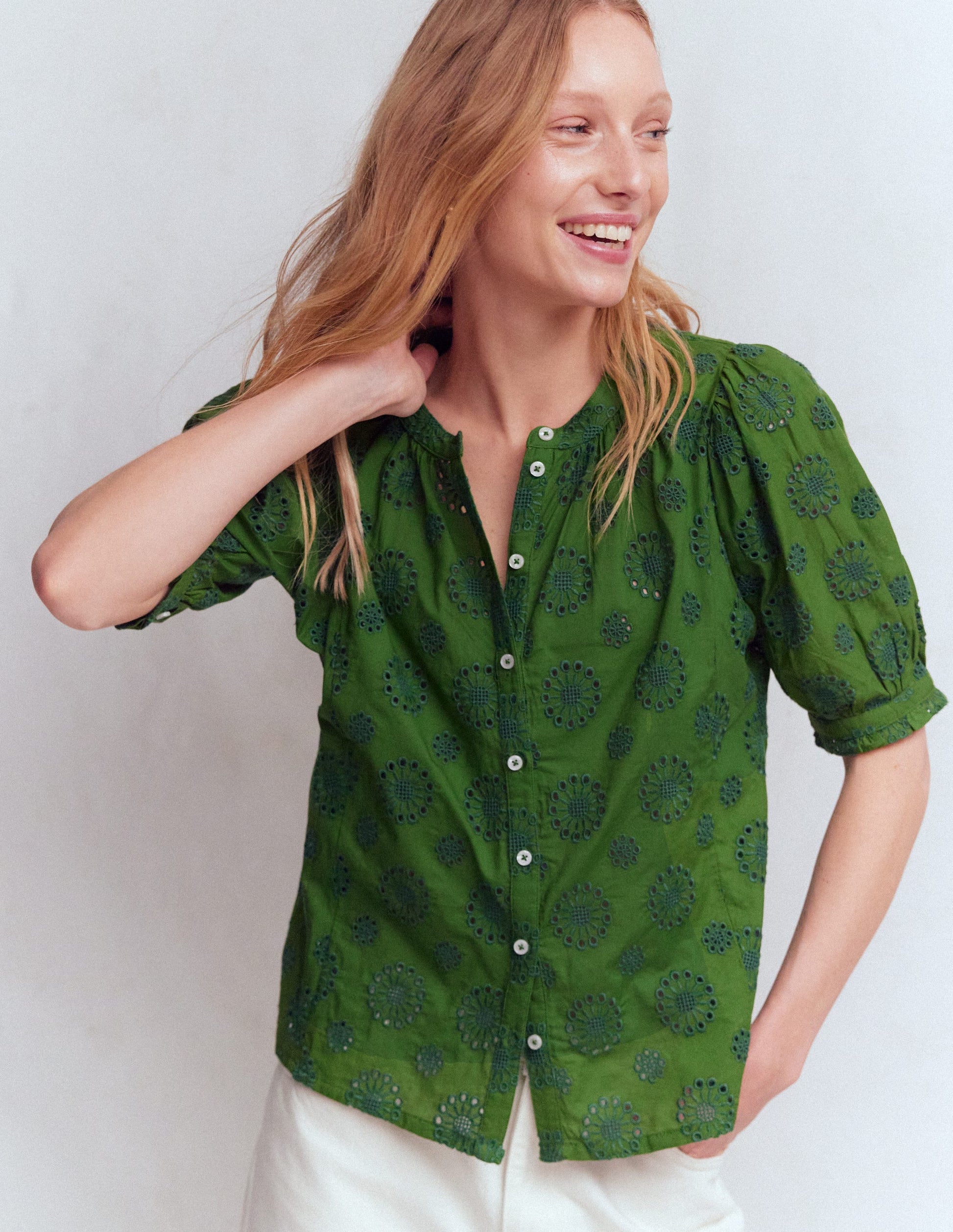 Camille Embroidered Cotton Top-Promenade Green Broderie-4