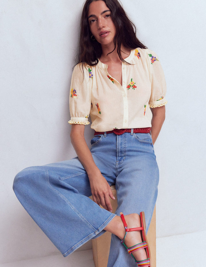 Camille Embroidered Cotton Top-Ivory Floral Embroidery