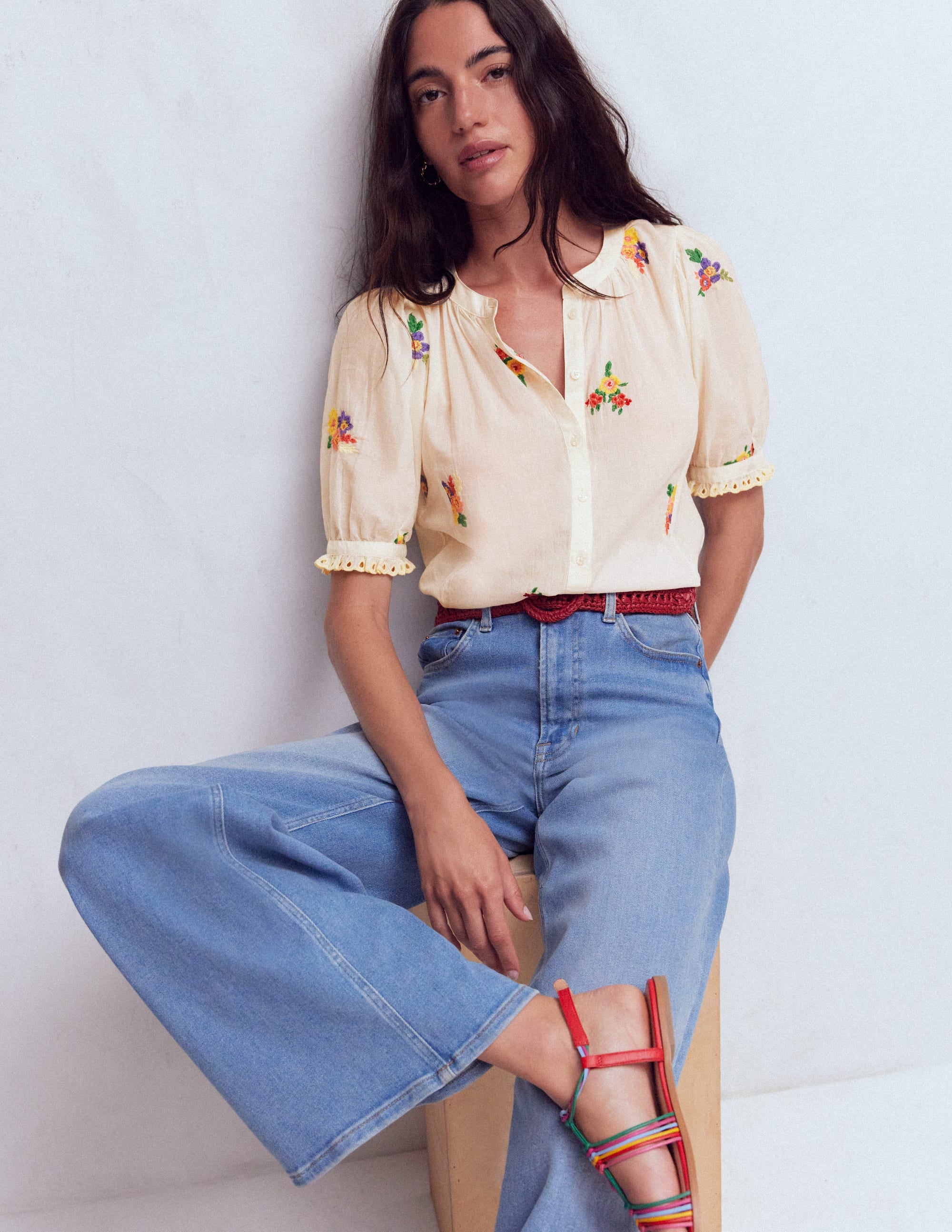 Camille Embroidered Cotton Top-Ivory Floral Embroidery - Image 1