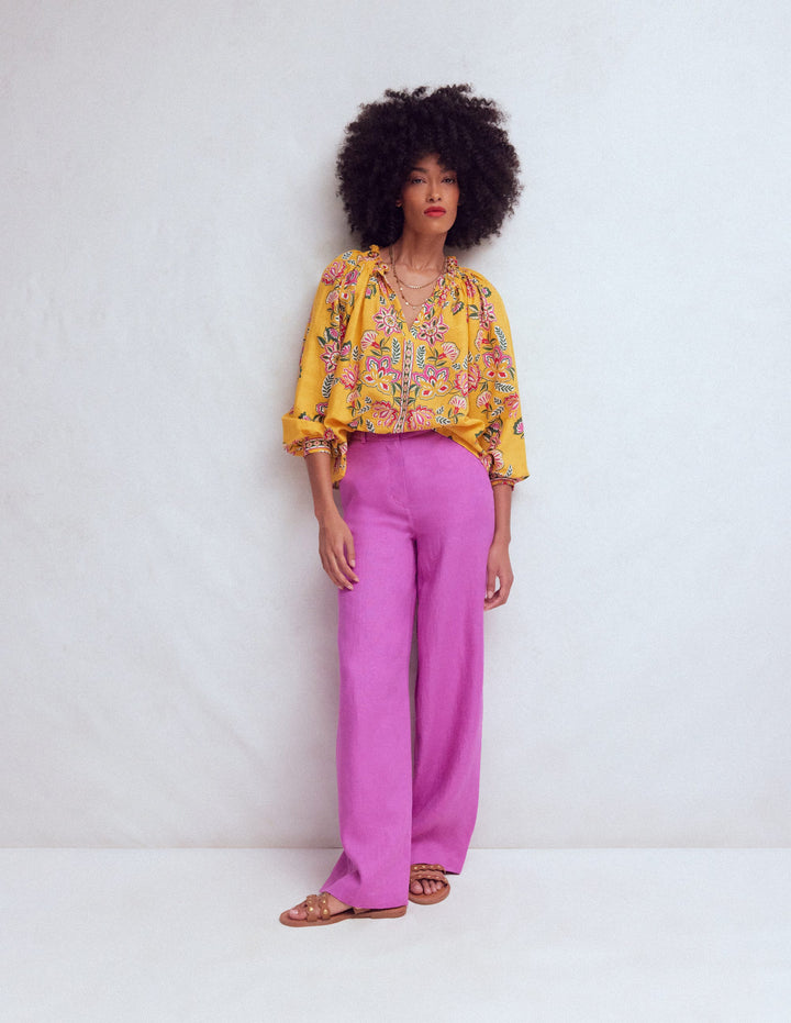 Serena Pleat Neck Linen Top-Marigold, Blossom Elegance