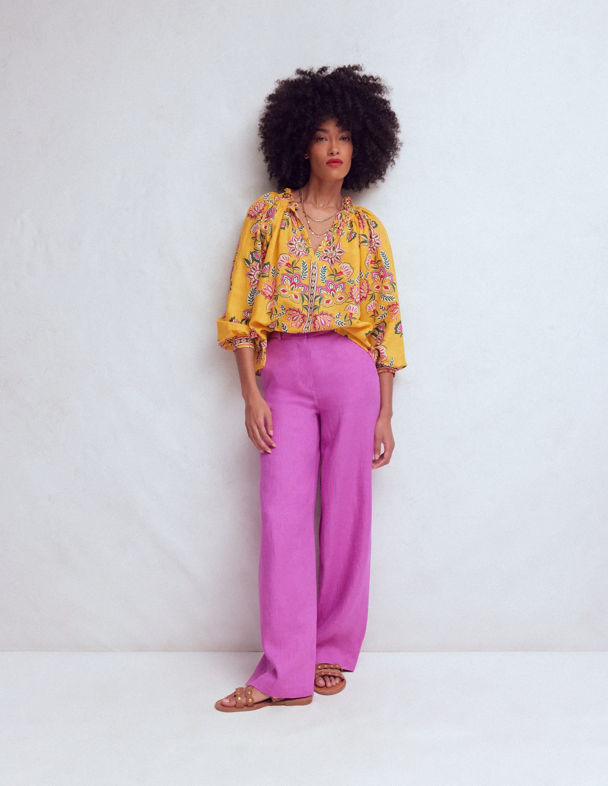 Serena Pleat Neck Linen Top-Marigold, Blossom Elegance - Image 1