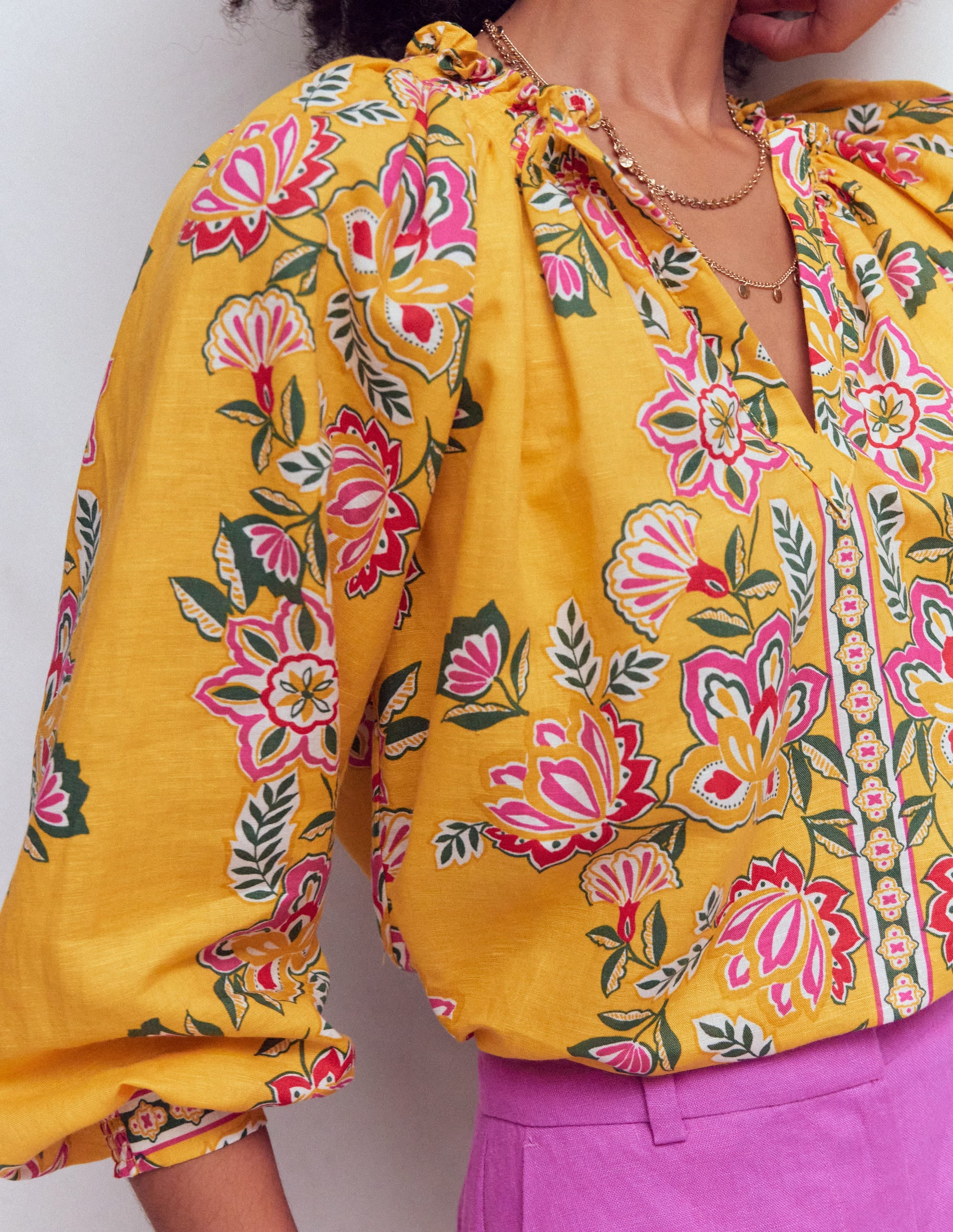 Serena Pleat Neck Linen Top-Marigold, Blossom Elegance - Image 2