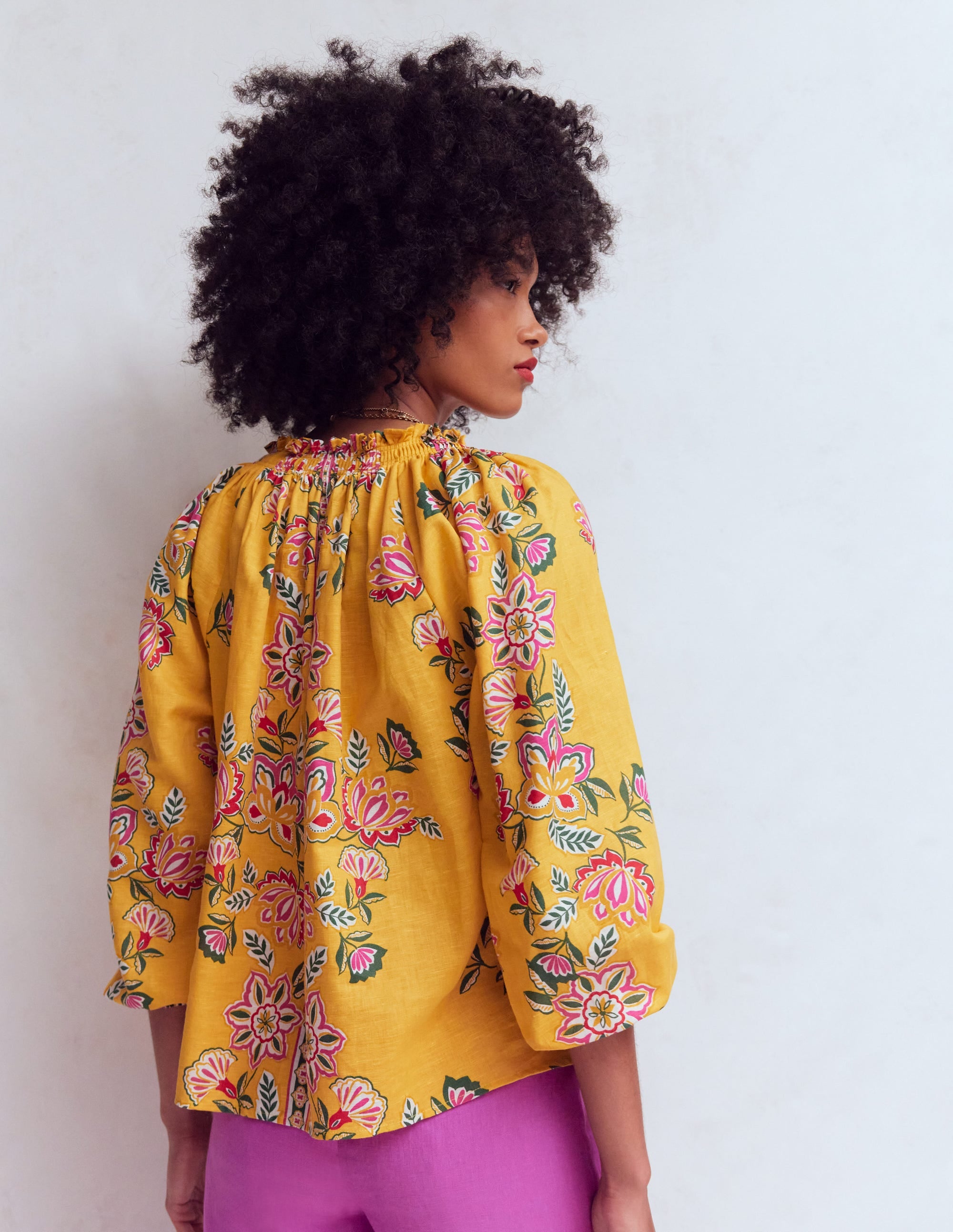 Serena Pleat Neck Linen Top-Marigold, Blossom Elegance - Image 3