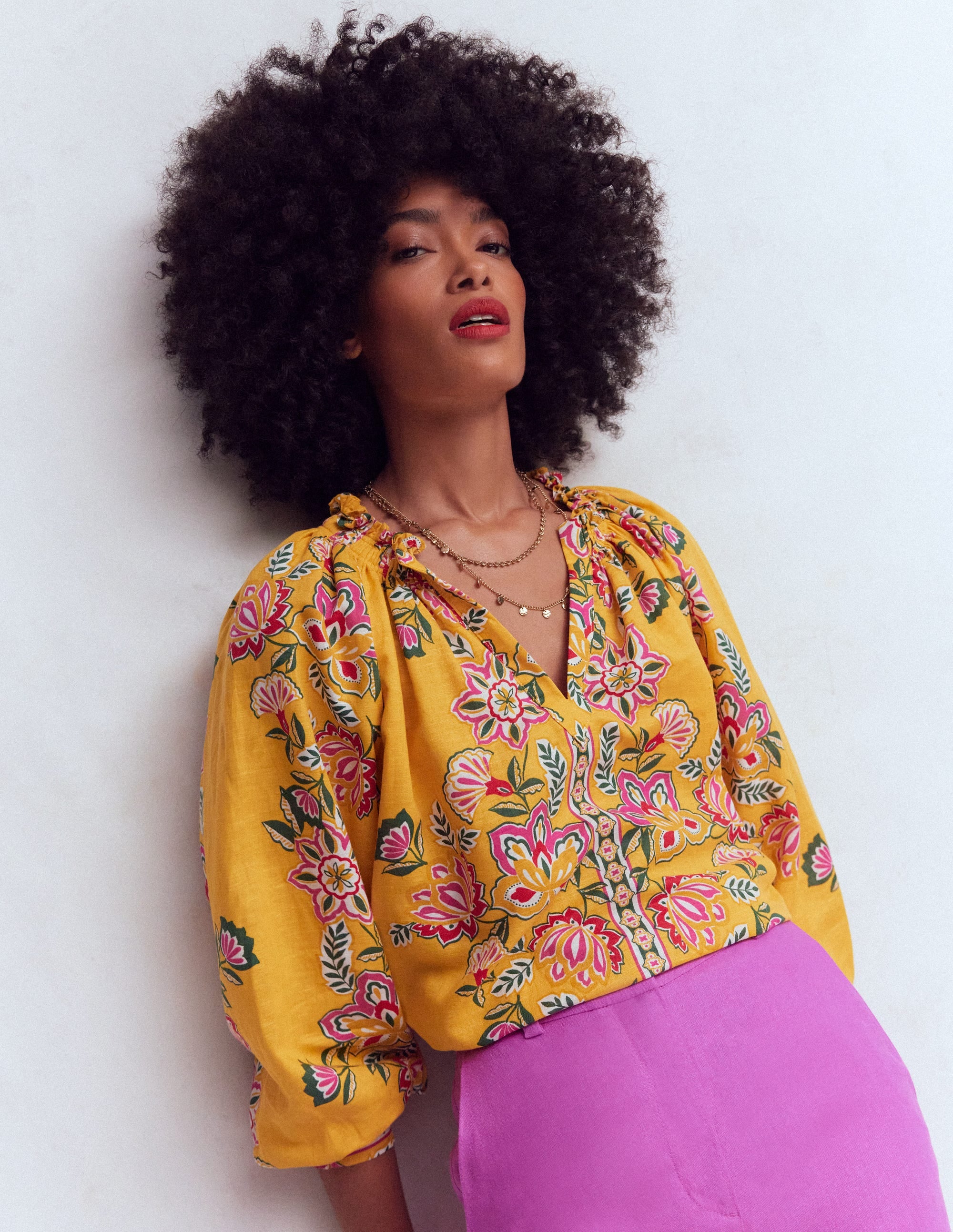 Serena Pleat Neck Linen Top-Marigold, Blossom Elegance - Image 4