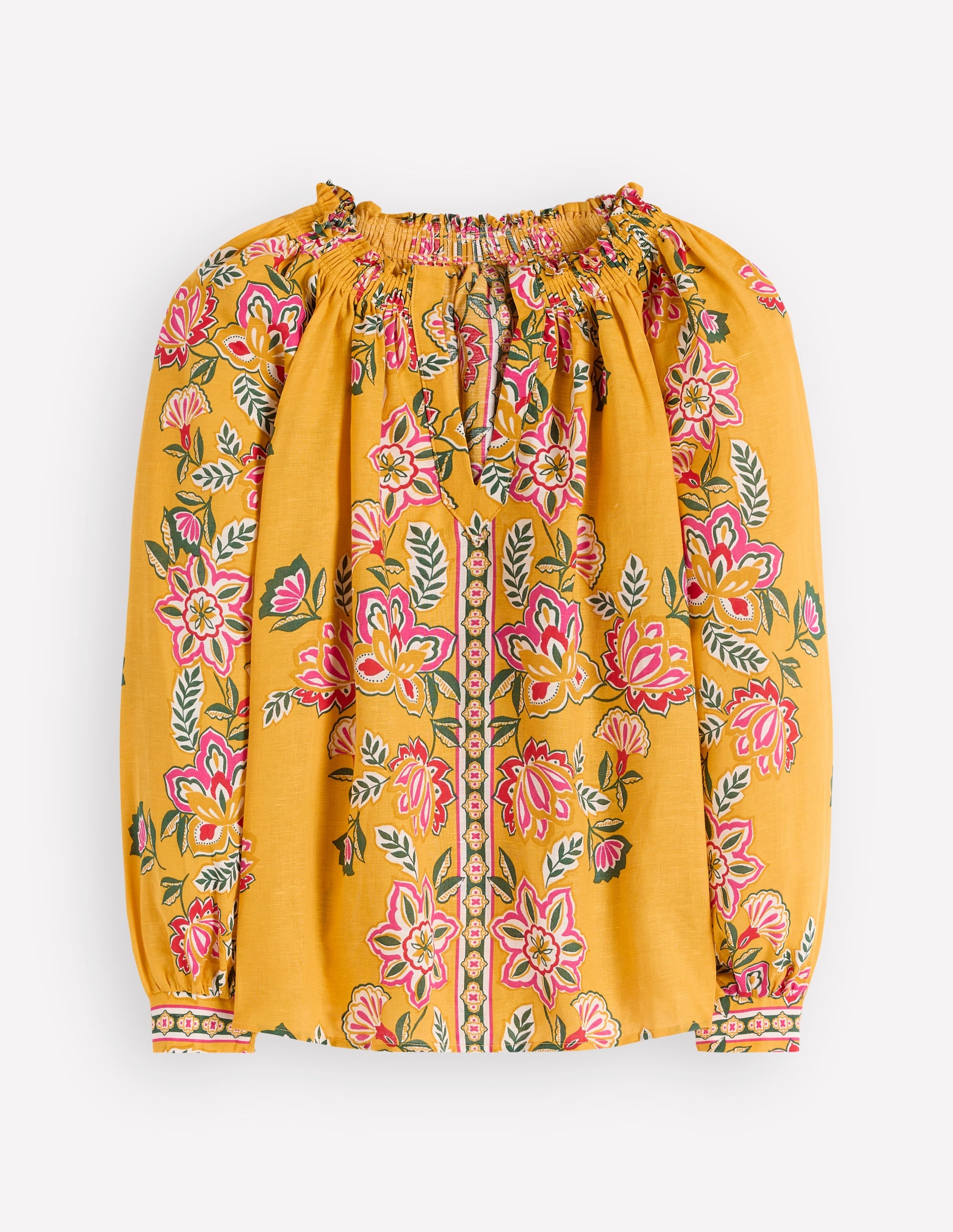Serena Pleat Neck Linen Top-Marigold, Blossom Elegance - Image 6