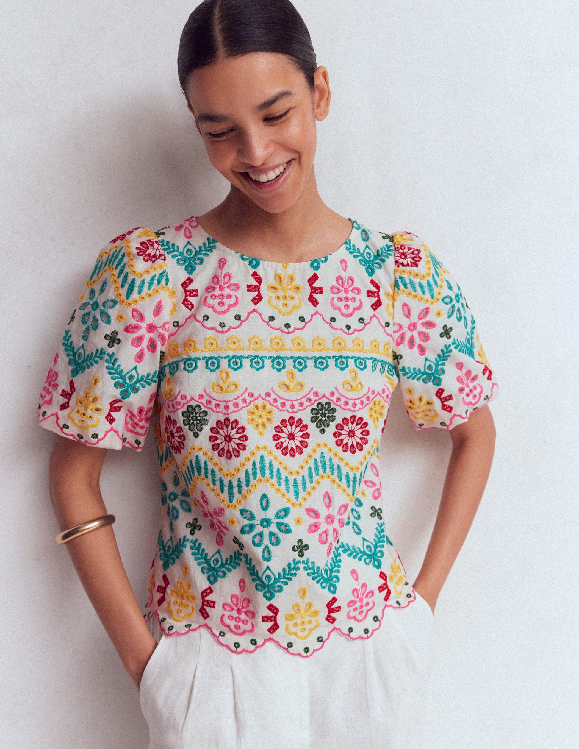 Linen Puff Sleeve Top-Multi Broderie-1
