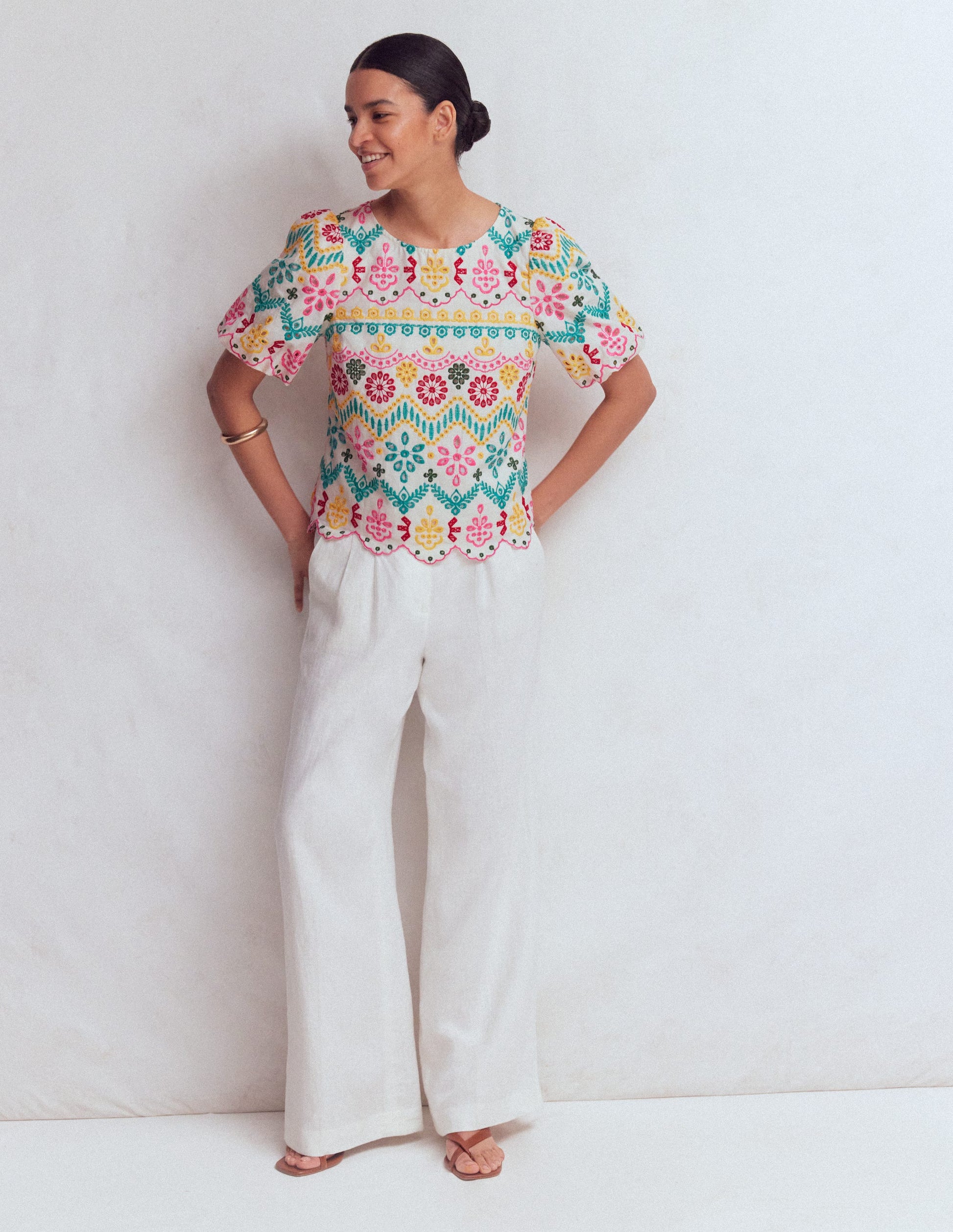Linen Puff Sleeve Top-Multi Broderie-4