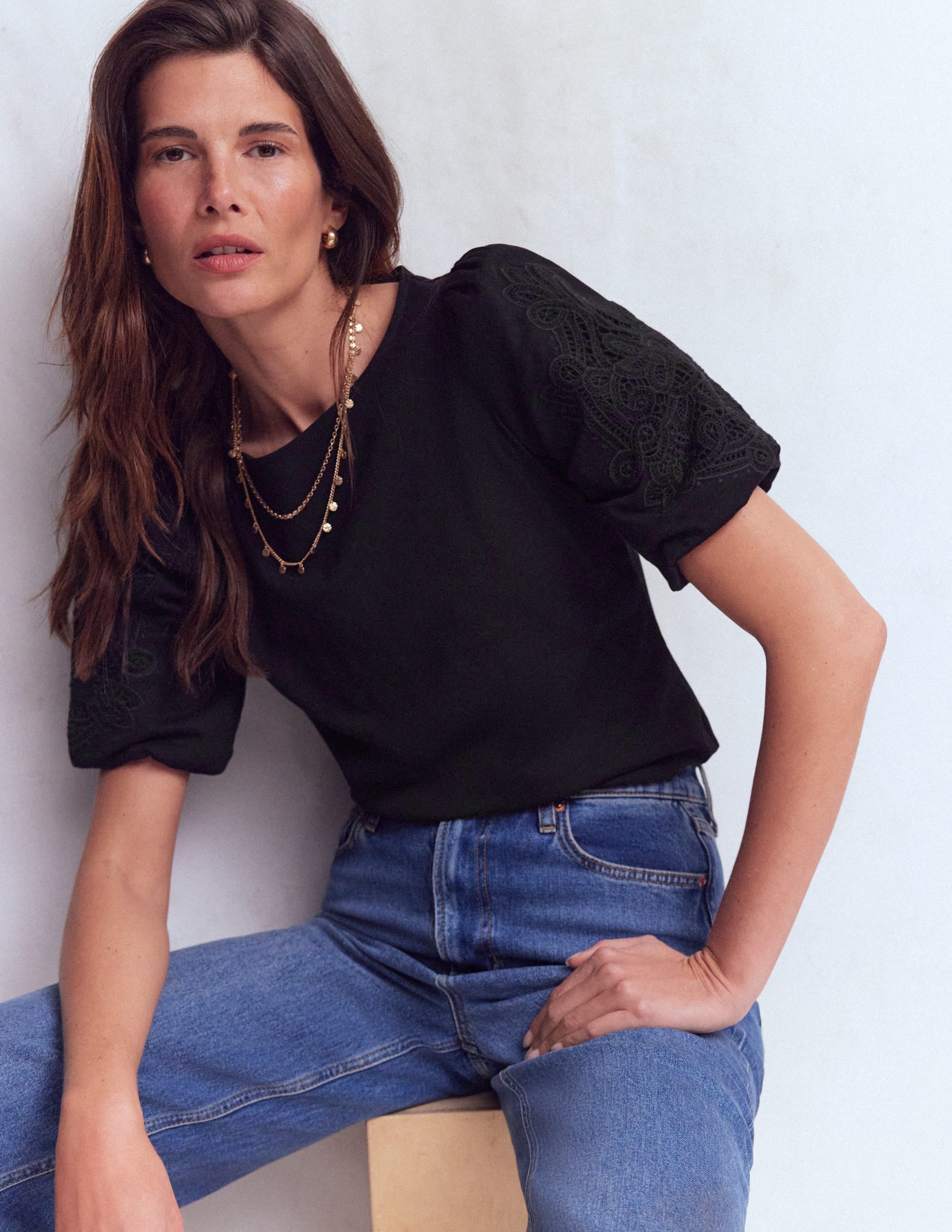 Cutwork Detail Jersey Top-Black - Image 1