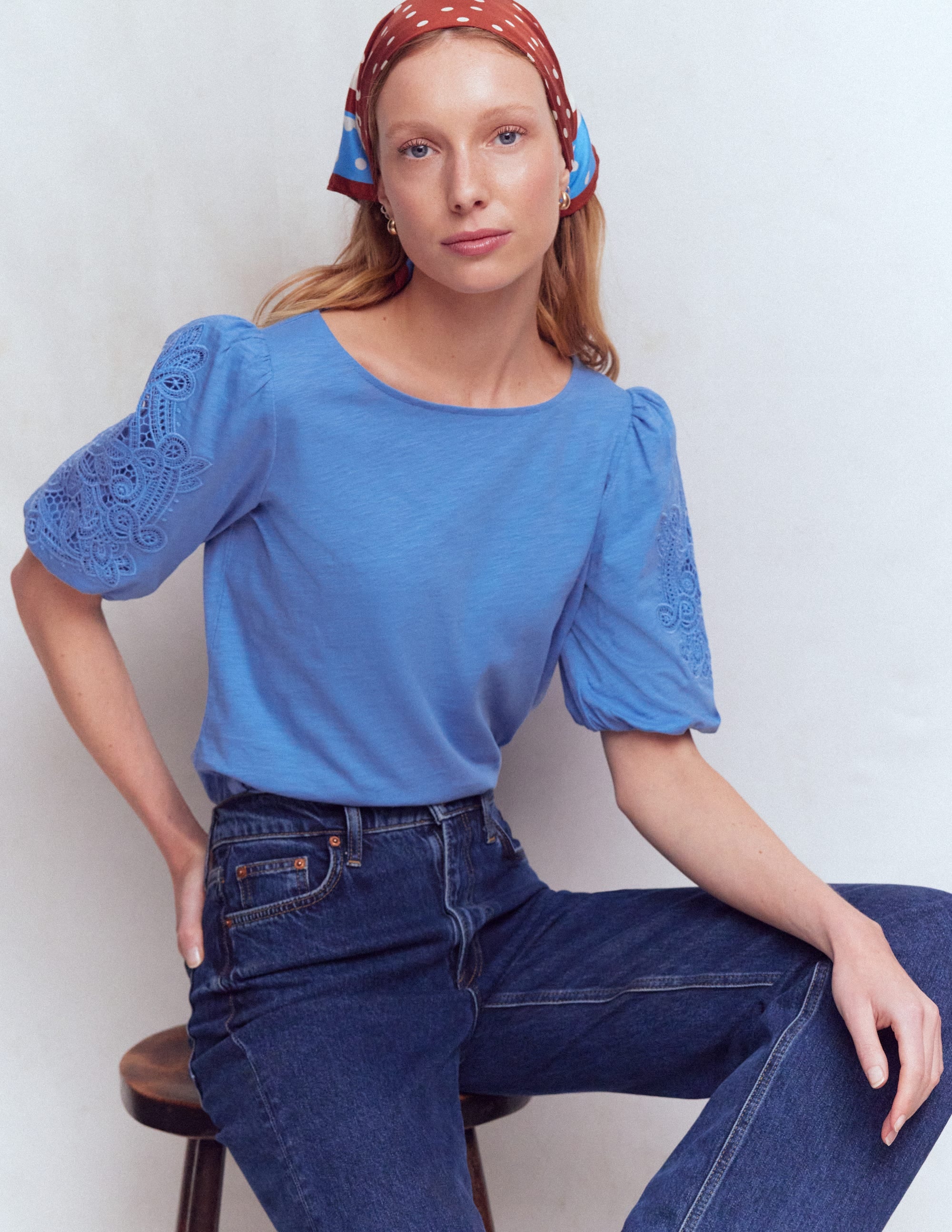 Cutwork Detail Jersey Top-Forget Me Not Blue - Image 1