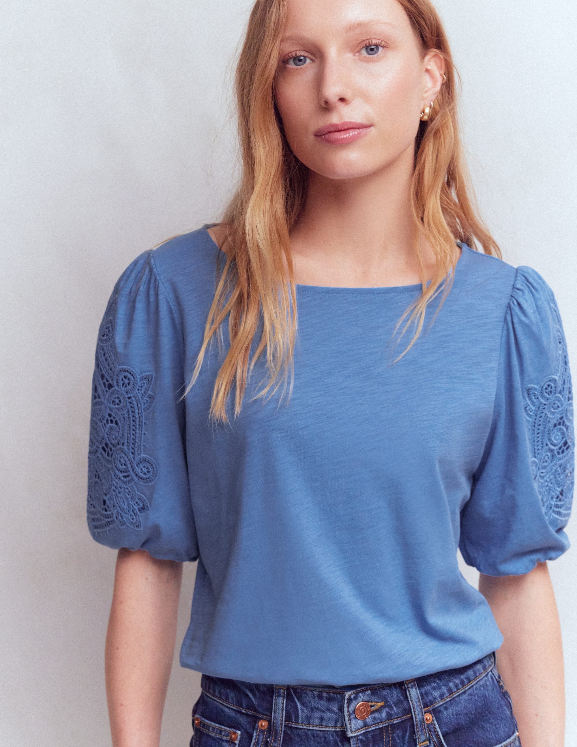 Cutwork Detail Jersey Top-Forget Me Not Blue - Image 4