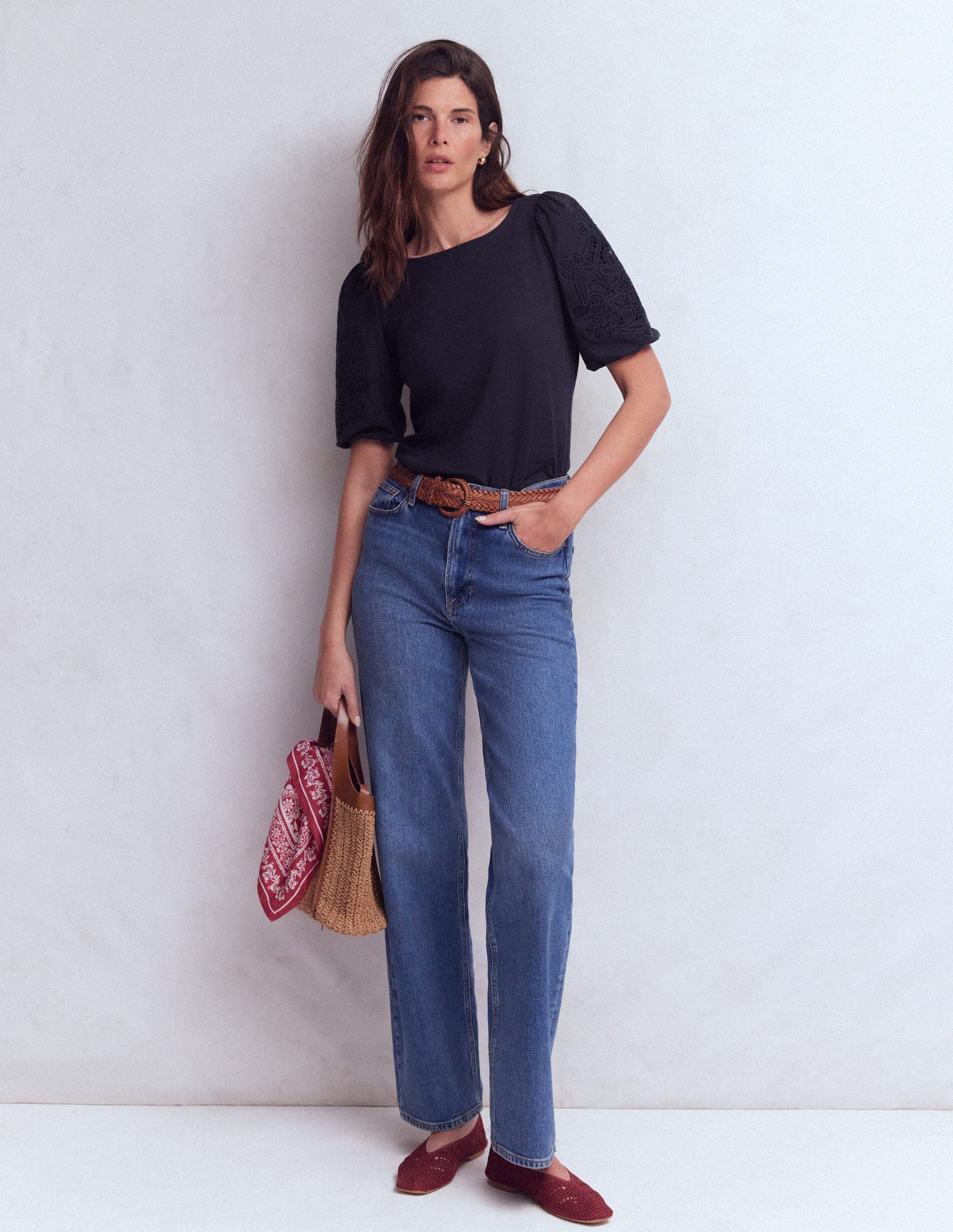 Cutwork Detail Jersey Top-Navy-1