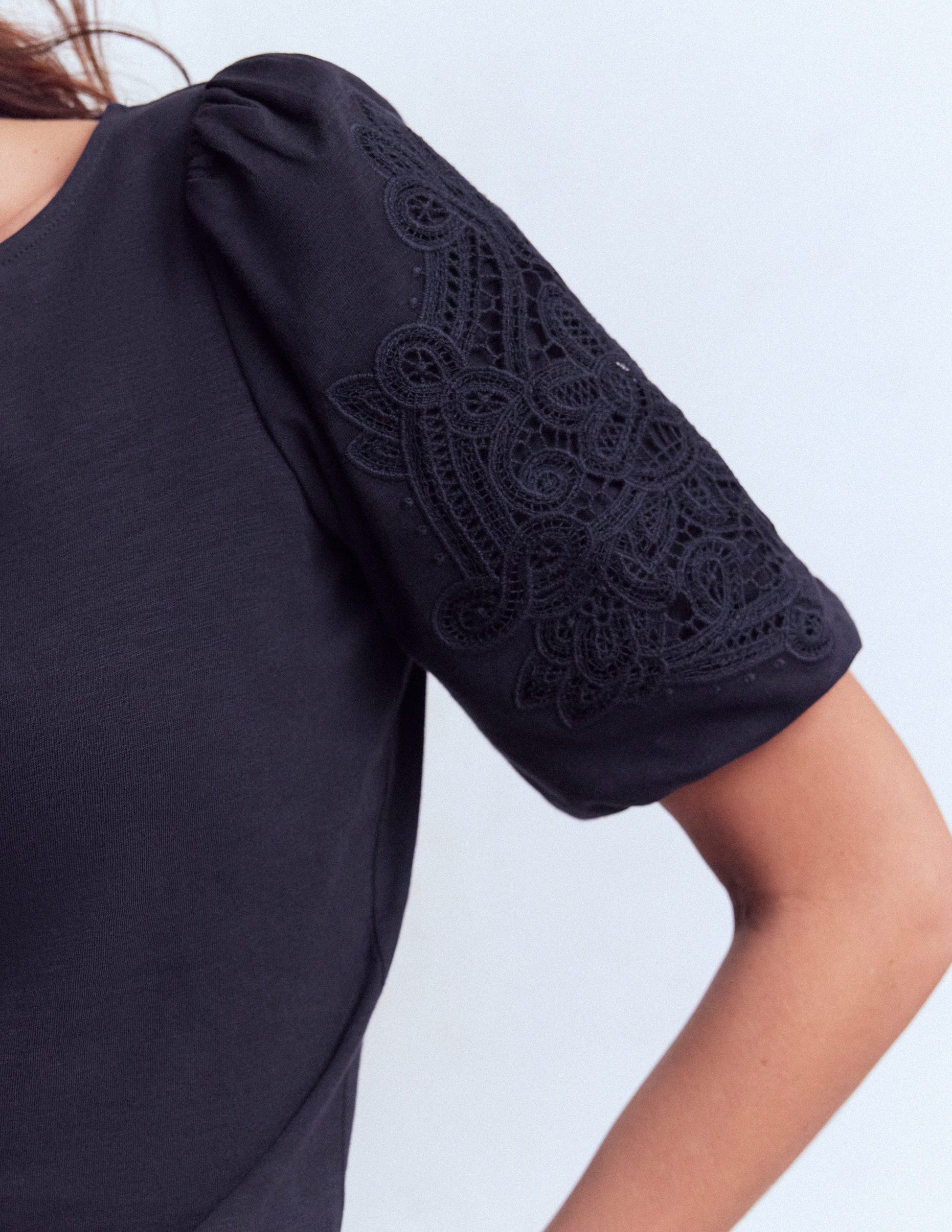 Cutwork Detail Jersey Top-Navy-2