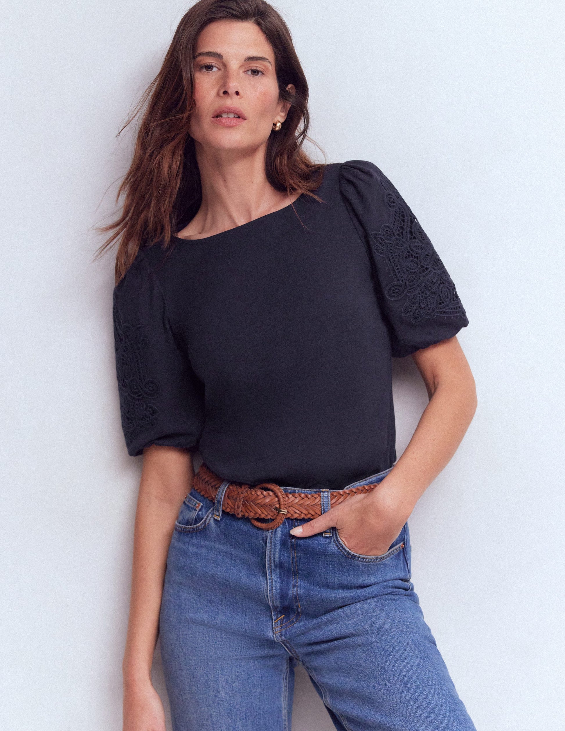 Cutwork Detail Jersey Top-Navy-4