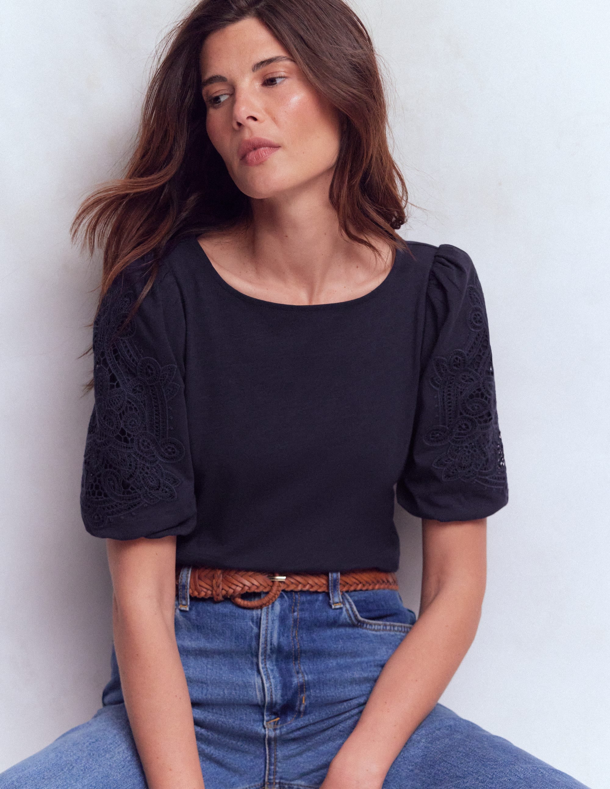 Cutwork Detail Jersey Top-Navy - Image 5