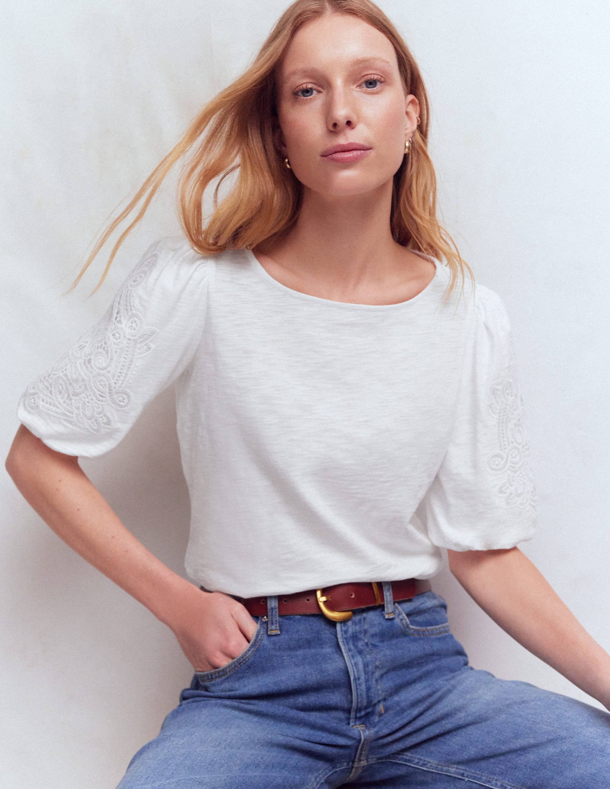 Cutwork Detail Jersey Top-White - Image 1