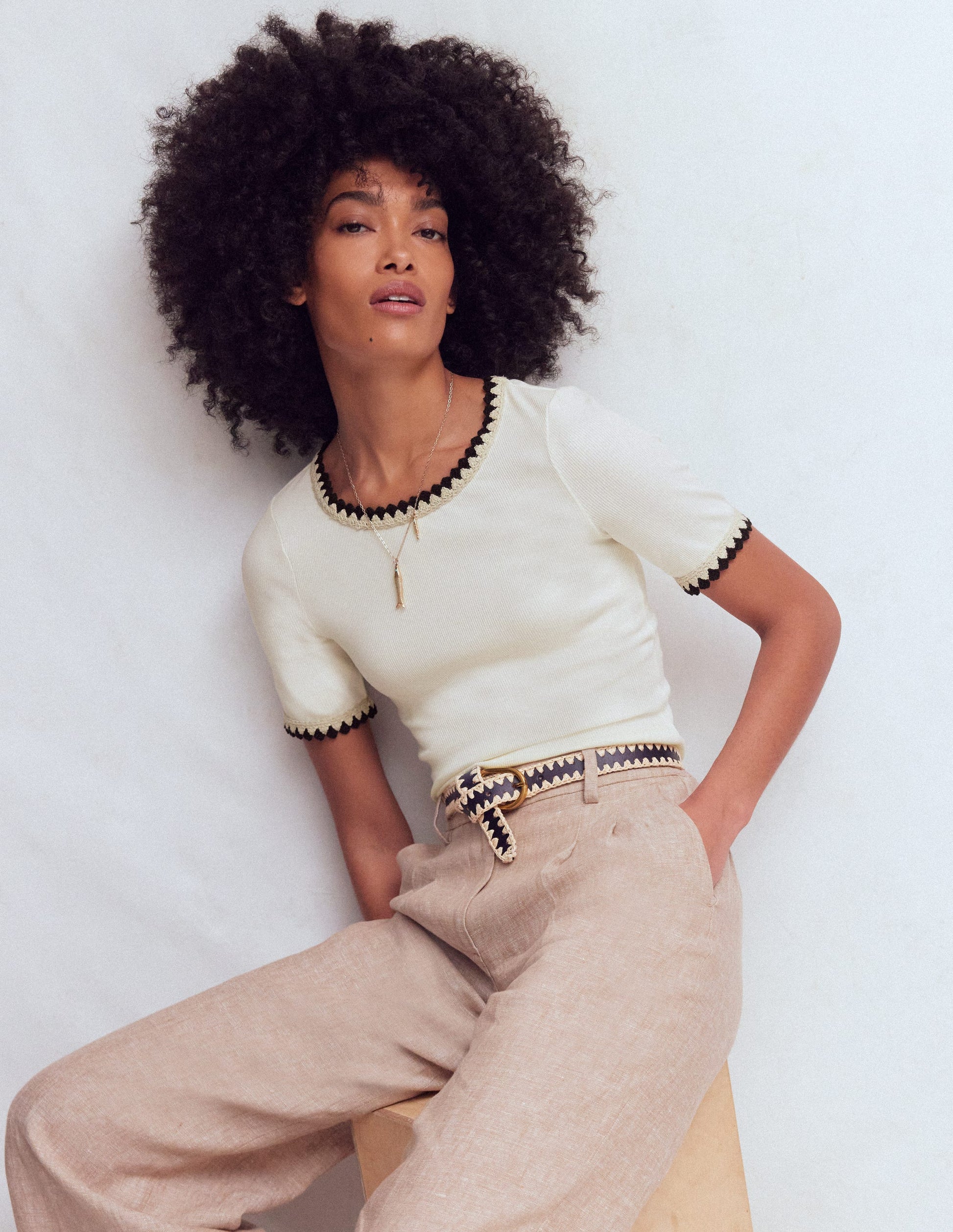 Maddie Trim Detail T-Shirt-Ivory with Black-1
